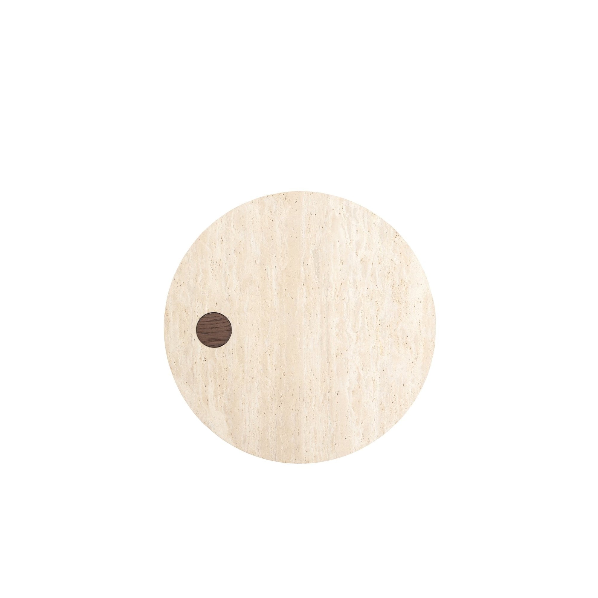 The Wooden Stories Pivot Side Table | Espresso Oak - Stone Top features a round, light beige honed marble top with a small dark brown circular inset near the edge, shown against a white background.