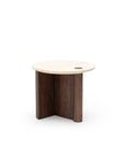 The Pivot Side Table | Espresso Oak - Stone Top by Wooden Stories features a honed stone top, a dark espresso oak base, and a small circular cutout, shown against a white background. Suitable for home or contract use.