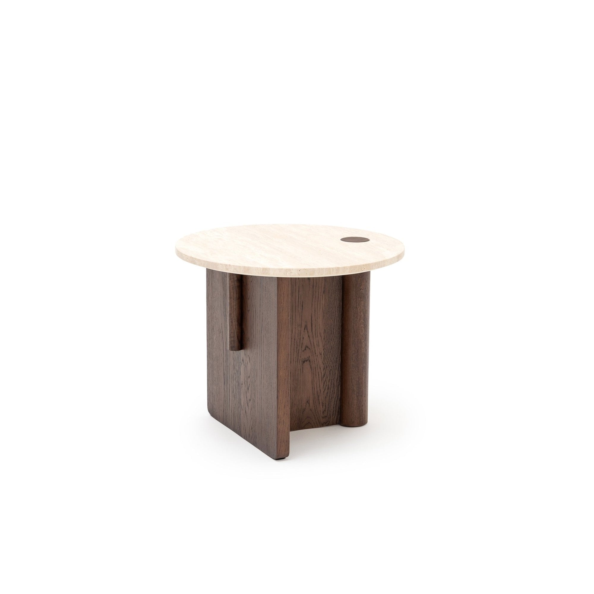 The Wooden Stories Pivot Side Table in Espresso Oak features a light honed stone top with a small circular cut-out near the edge and sturdy intersecting dark wood legs, offering a modern contract-grade design.