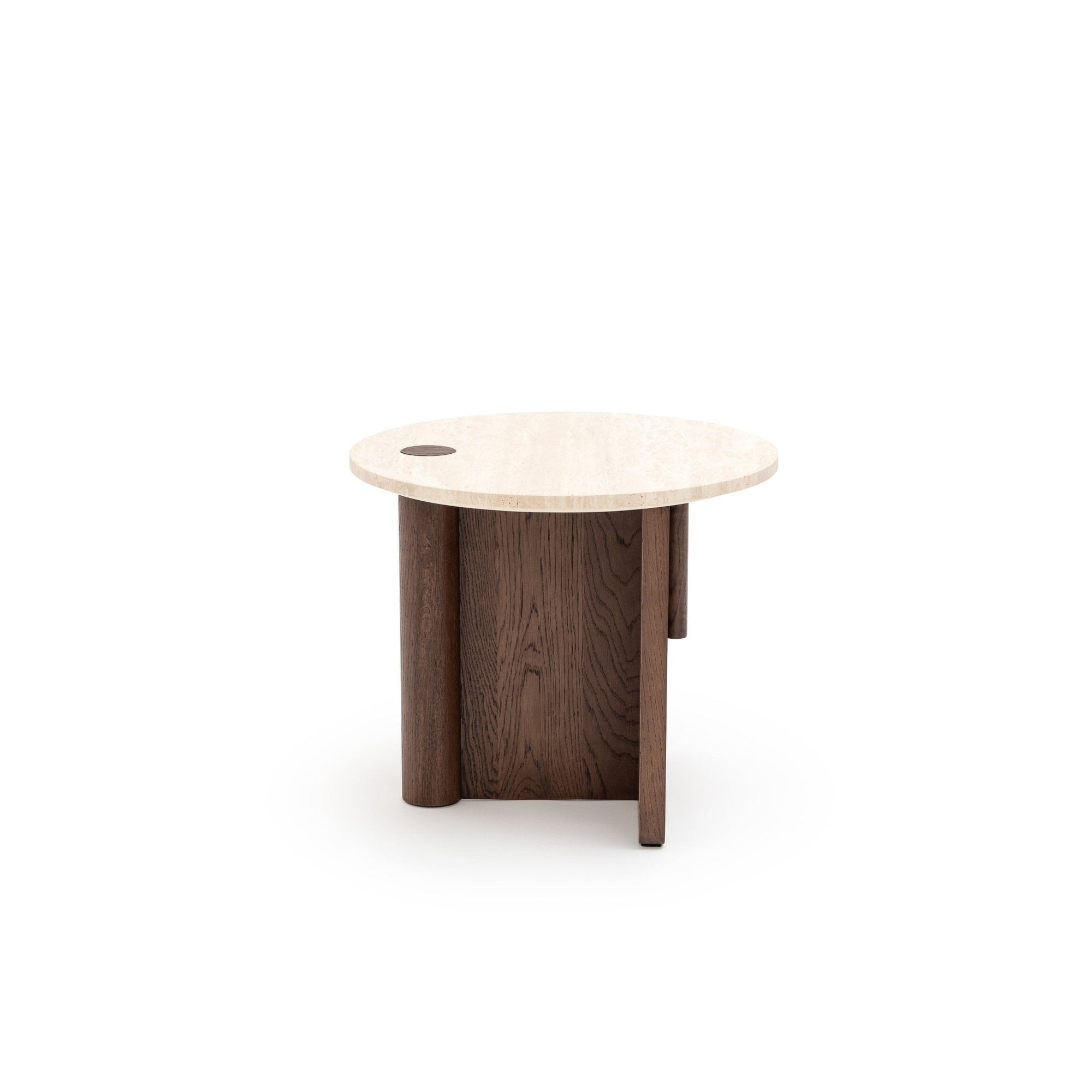 The Pivot Side Table | Espresso Oak - Stone Top by Wooden Stories features a honed stone top with a circular accent and dark cylindrical legs. Its contract-grade build is ideal for modern interiors. Shown on a plain white background.
