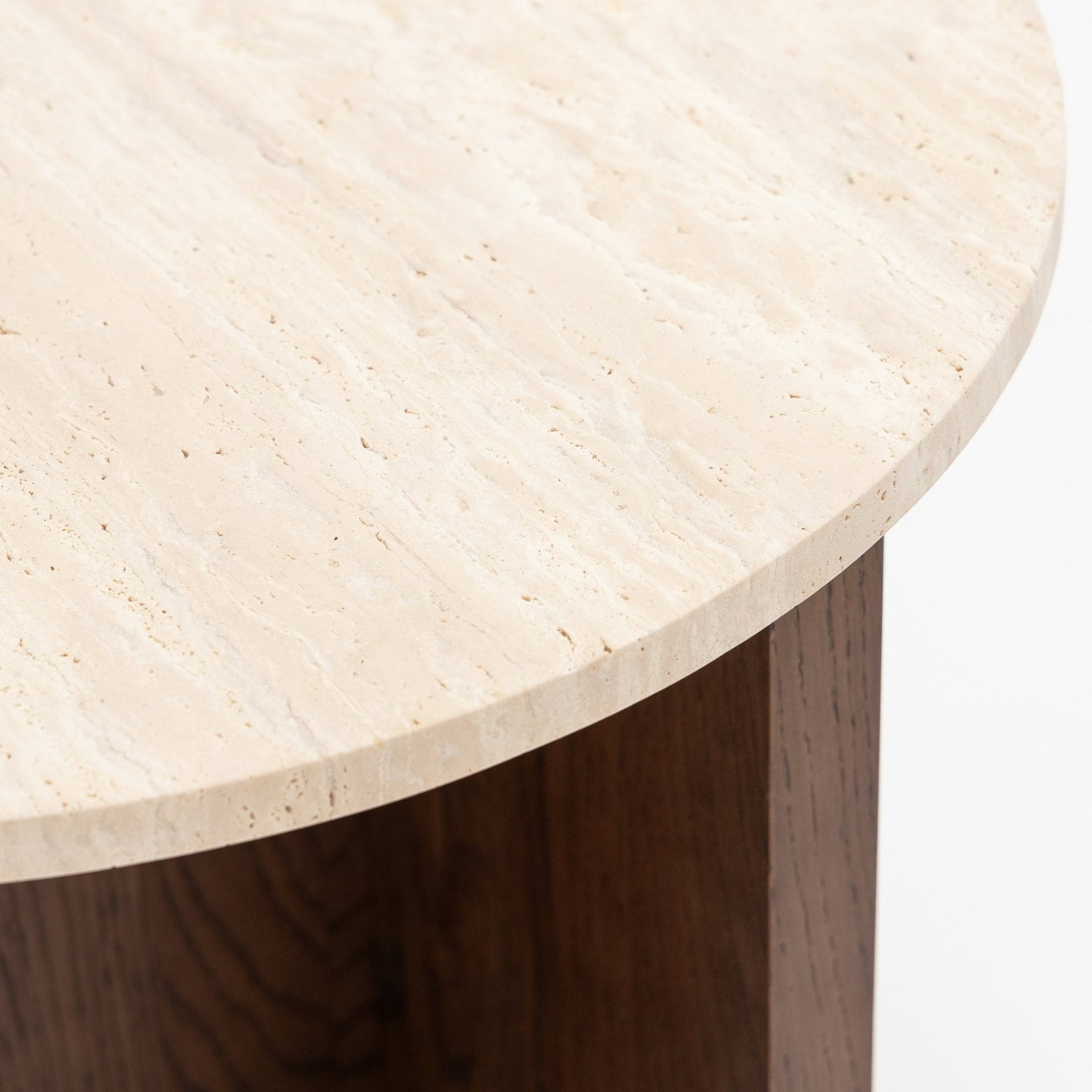 A close-up of the Wooden Stories Pivot Side Table | Espresso Oak - Stone Top displays its honed marble top and dark wooden base against a plain white background.