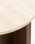 A close-up of the Wooden Stories Pivot Side Table | Espresso Oak - Stone Top displays its honed marble top and dark wooden base against a plain white background.