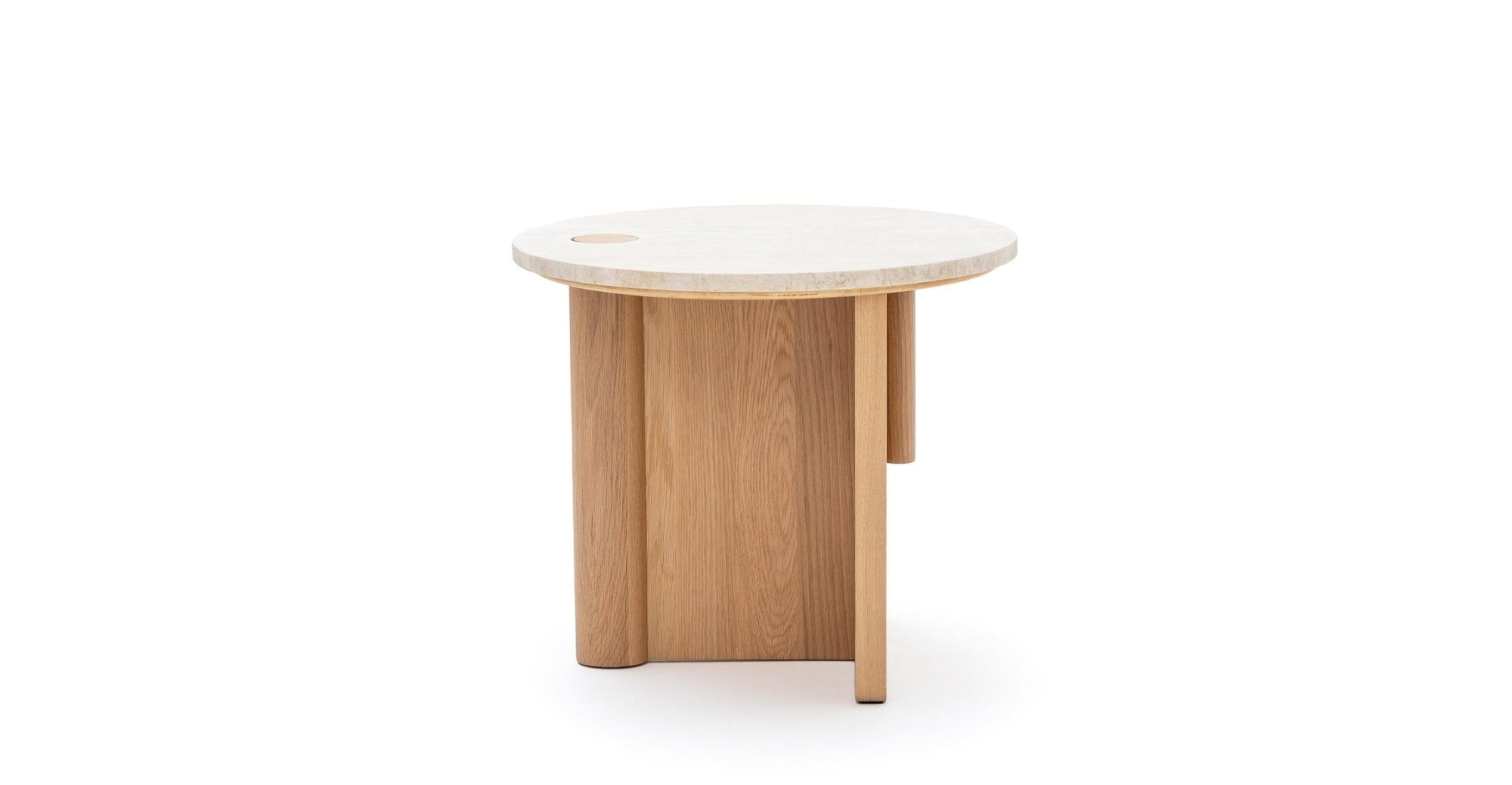 The Pivot Side Table | Light Oak - Stone Top by Wooden Stories features a solid wood base, beige stone tabletop with a circular cutout, and minimalist lines. Its contract-grade durability makes it ideal for contemporary spaces.