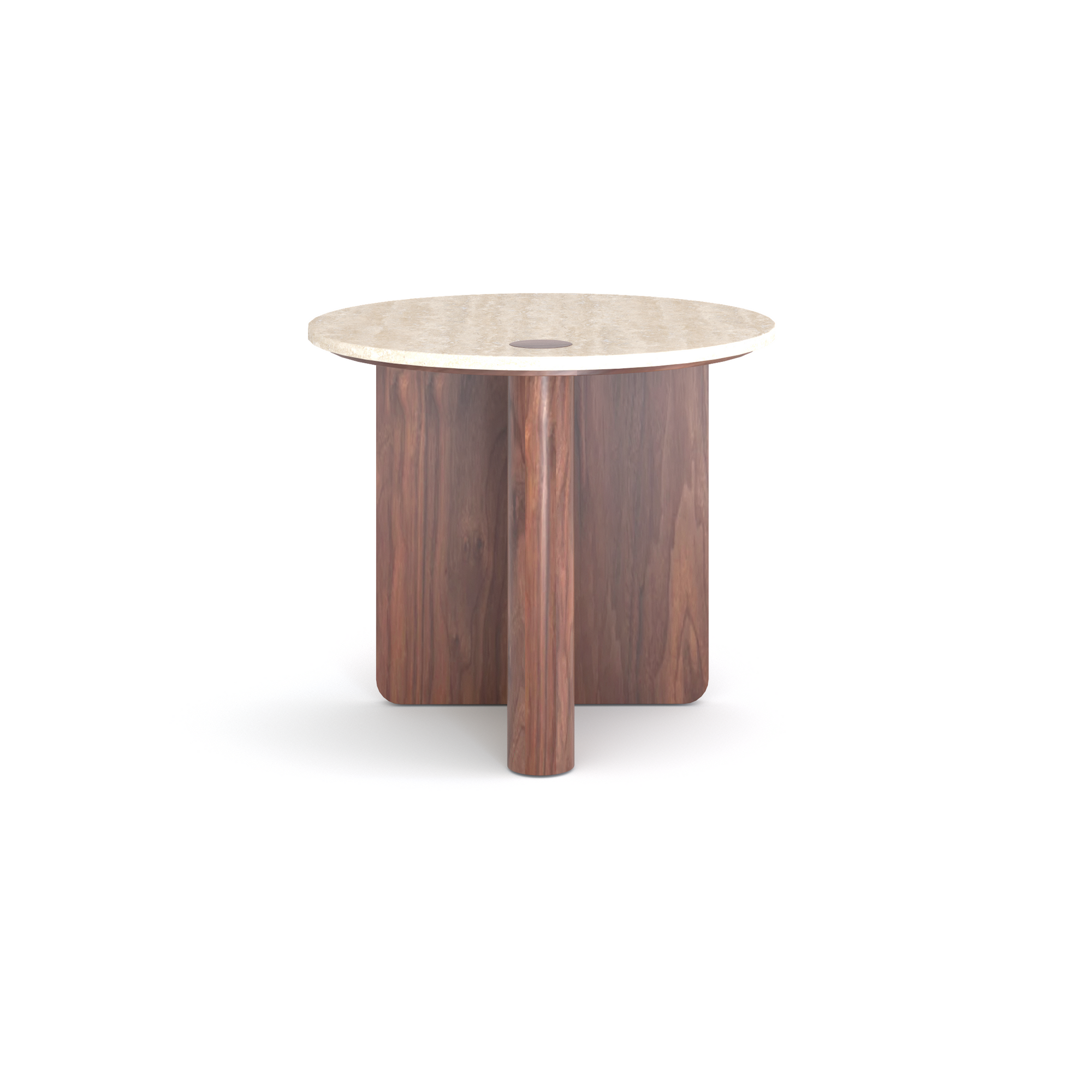 The Wooden Stories Pivot Side Table | Wood &amp; Stone features a round light marble top and three thick solid oak legs, shown against a white background. Its modern, minimalist look draws inspiration from the Danish Collection.