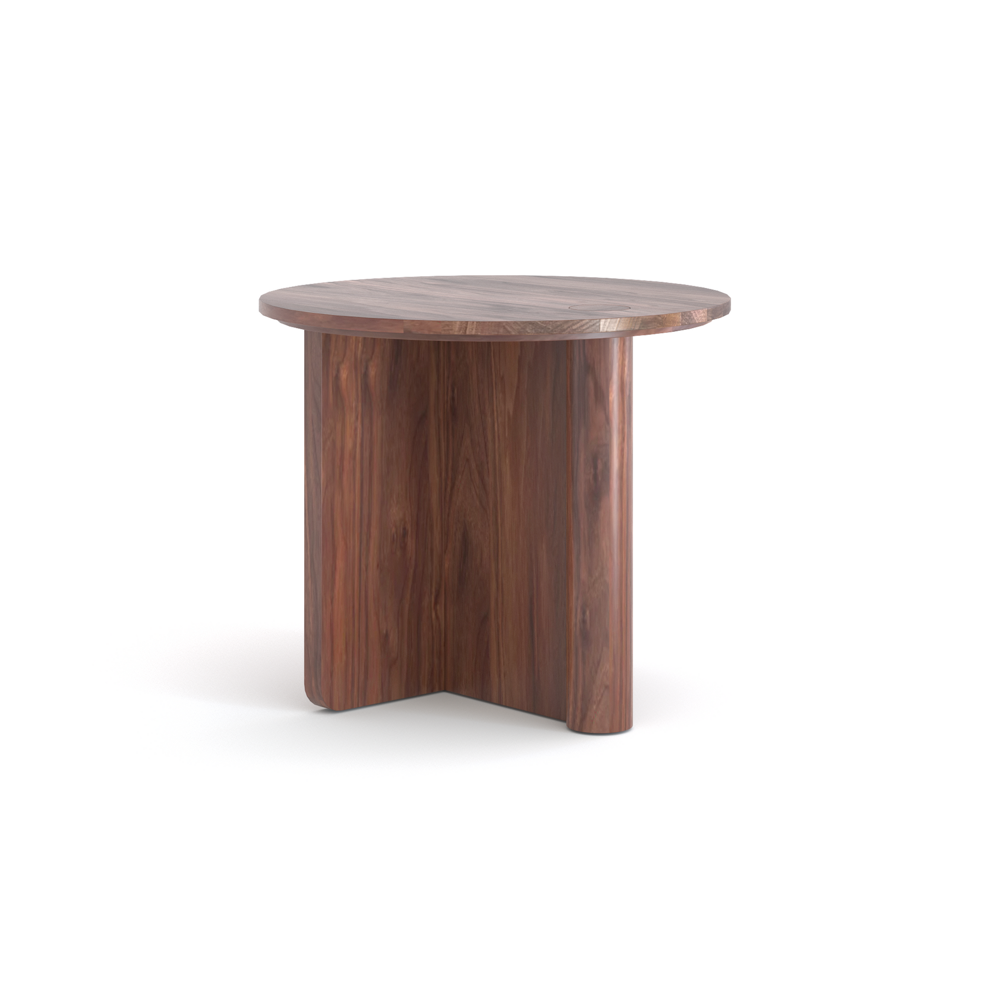 The Wooden Stories Pivot Side Table features a round wooden top, unique three-panel base, and natural wood grain finish from the Danish Collection.