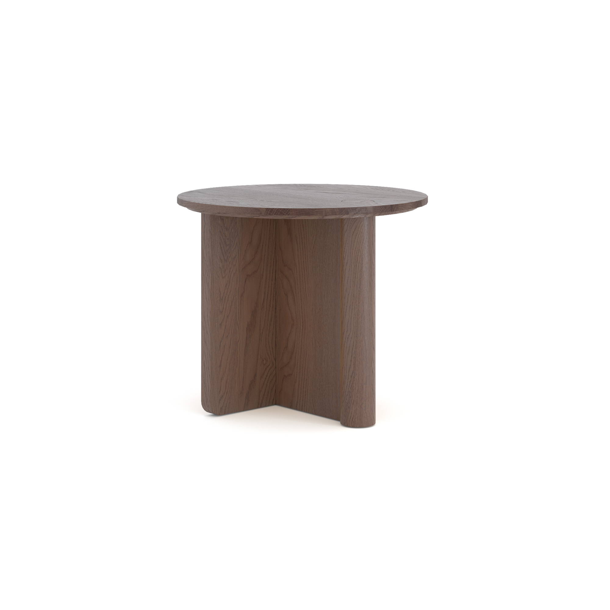 The Pivot Side Table by Wooden Stories features a small, round solid oak top and three Y-shaped legs. Its natural brown finish highlights the wood grain, making it a standout piece against any plain white background.