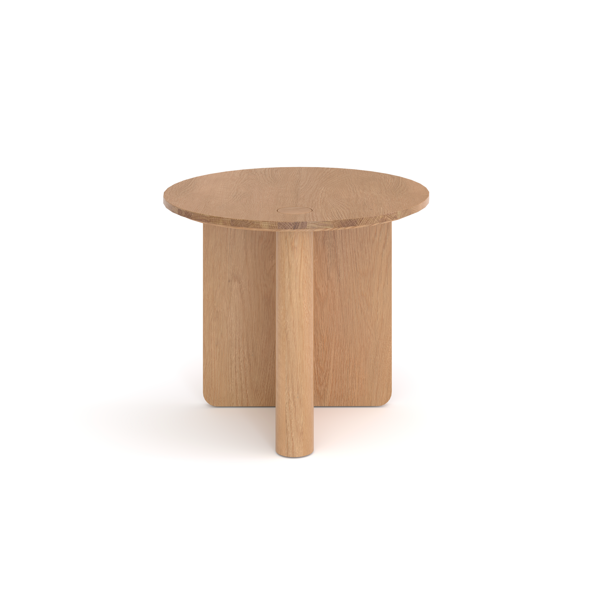 The Pivot Side Table by Wooden Stories is a round Danish-inspired side table in solid oak, featuring a flat top and an innovative base with one cylindrical leg and two intersecting panels in a light finish.