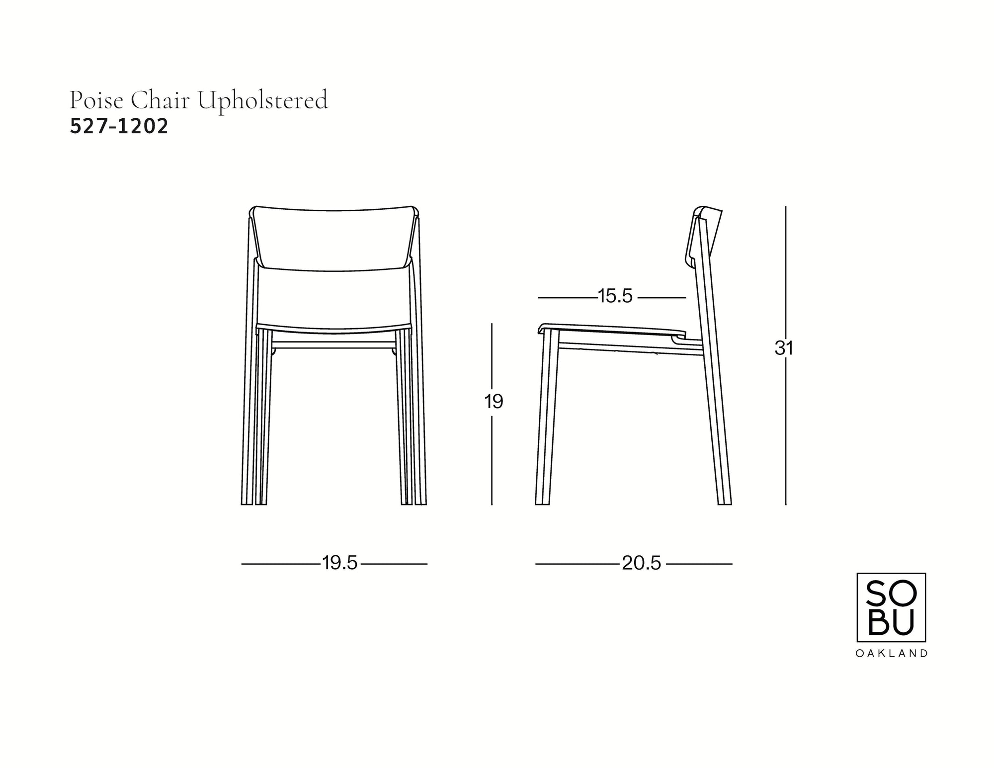 Line drawing of the Poise Dining Chair | Black Oak with Fabric by Wooden Stories features front and side views, dimensions: 19.5"W x 20.5"D x 31"H, seat height 19". SOBU Oakland logo appears at the bottom right.