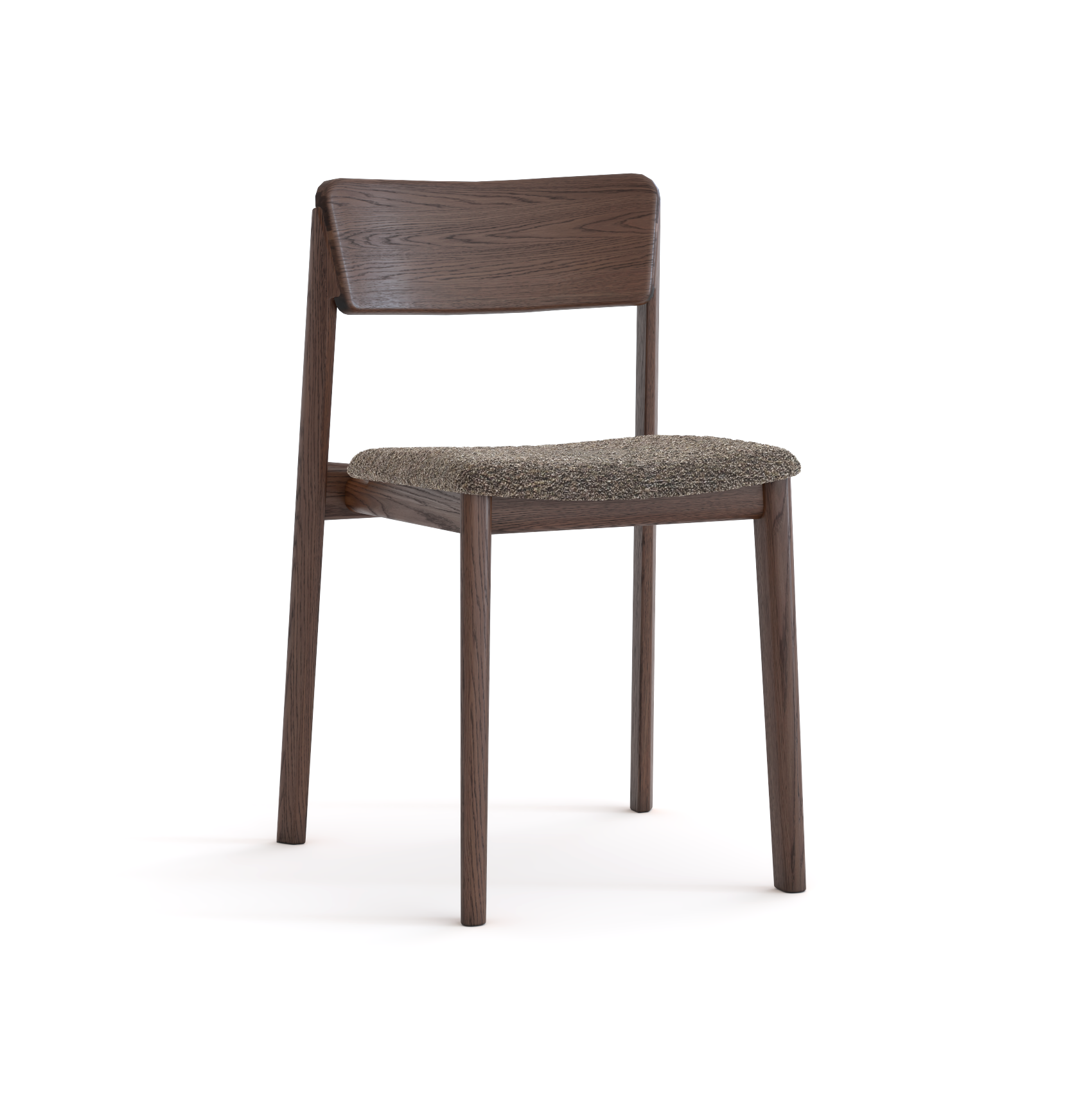 The Poise Dining Chair by Wooden Stories features an espresso oak frame, simple straight backrest, four legs, and a textured gray fabric cushion. Shown on a white background.