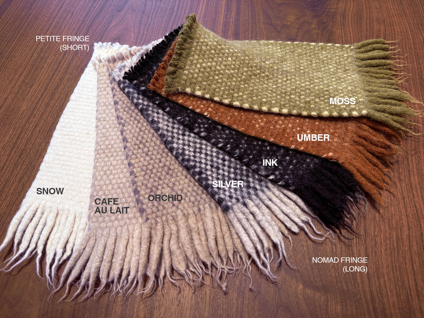 The HIMALAYAN HERMITAGE Radhi Rug in Moss is displayed on a wooden table, with its fringe length and color name clearly labeled on the image.