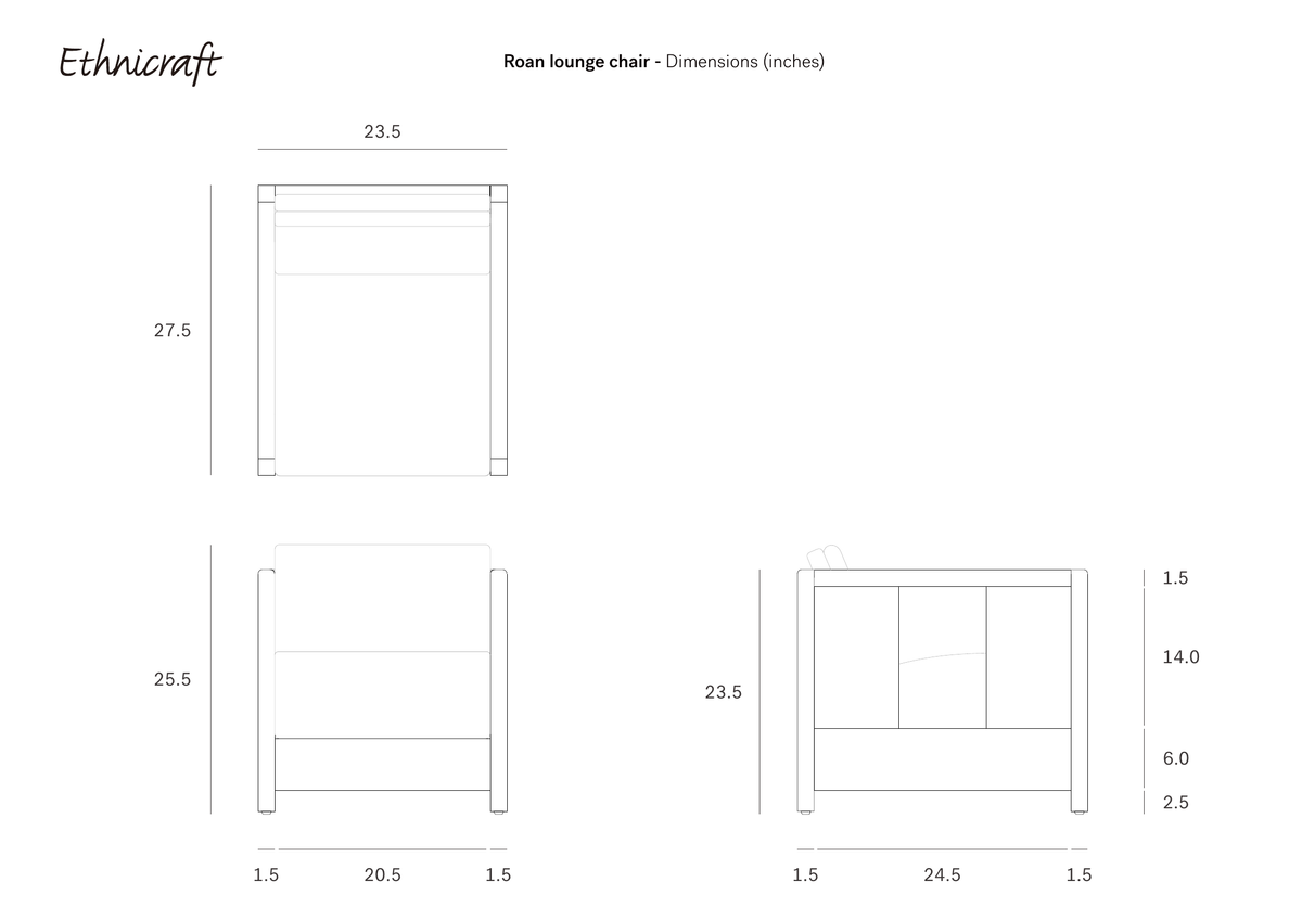 Technical drawing of the Ethnicraft Roan Lounge Chair | Amber with labeled dimensions in inches: width 23.5, height 27.5, depth 25.5, and various smaller measurements for frame and seat elements, showcasing the refined proportions of this solid teak chair.