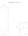 Technical drawing of the Ethnicraft Roan Lounge Chair | Amber with labeled dimensions in inches: width 23.5, height 27.5, depth 25.5, and various smaller measurements for frame and seat elements, showcasing the refined proportions of this solid teak chair.