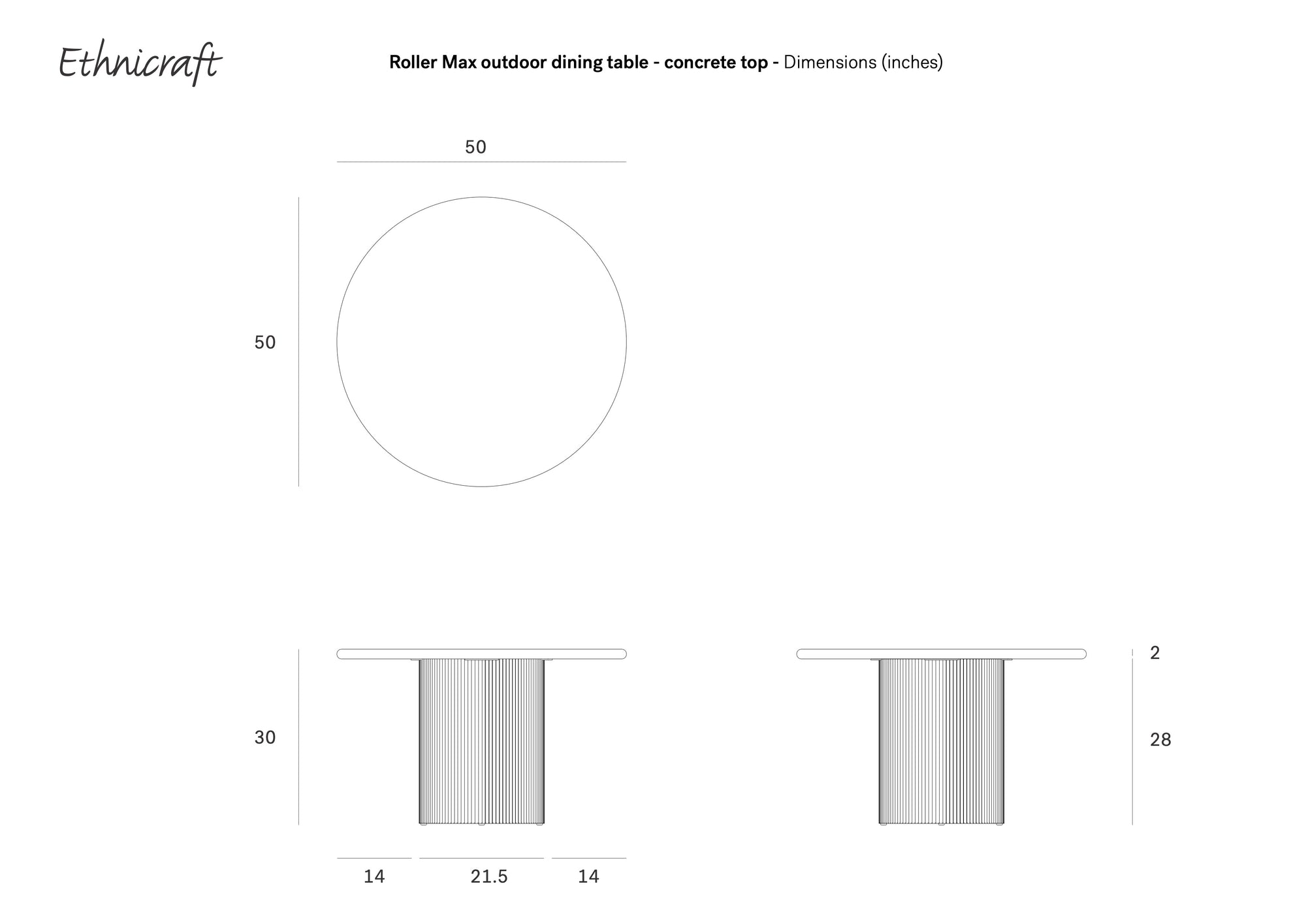 Technical drawing of the Ethnicraft Roller Max Outdoor Dining Table, made with reclaimed teak and a concrete top, showing dimensions in inches: 50" diameter, 30" height (2" top, 28" base), and base widths of 21.5" and 14".