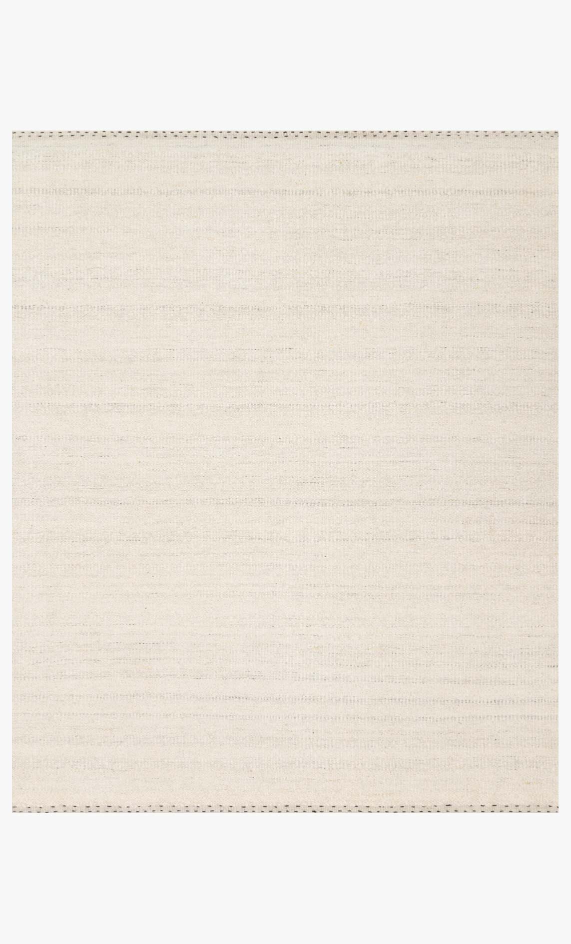 The Sloane Rug - Mist by Loloi is a square, flat-weave rug in a solid off-white or cream tone, showcasing subtle horizontal lines across its hand-woven surface. With its smooth texture and understated, neutral look, this rug is a perfect fit for modern bohemian interiors.