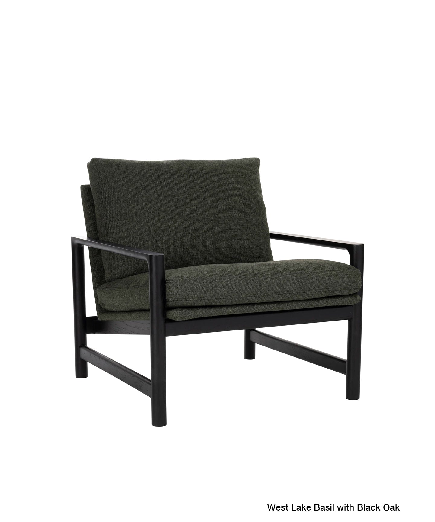 The Troubadour Lounge Chair | Fabric by Wooden Stories features dark green cushions and a sleek solid oak frame in a modern mid-century design, shown here on a white background and inspired by the iconic Danish collection.