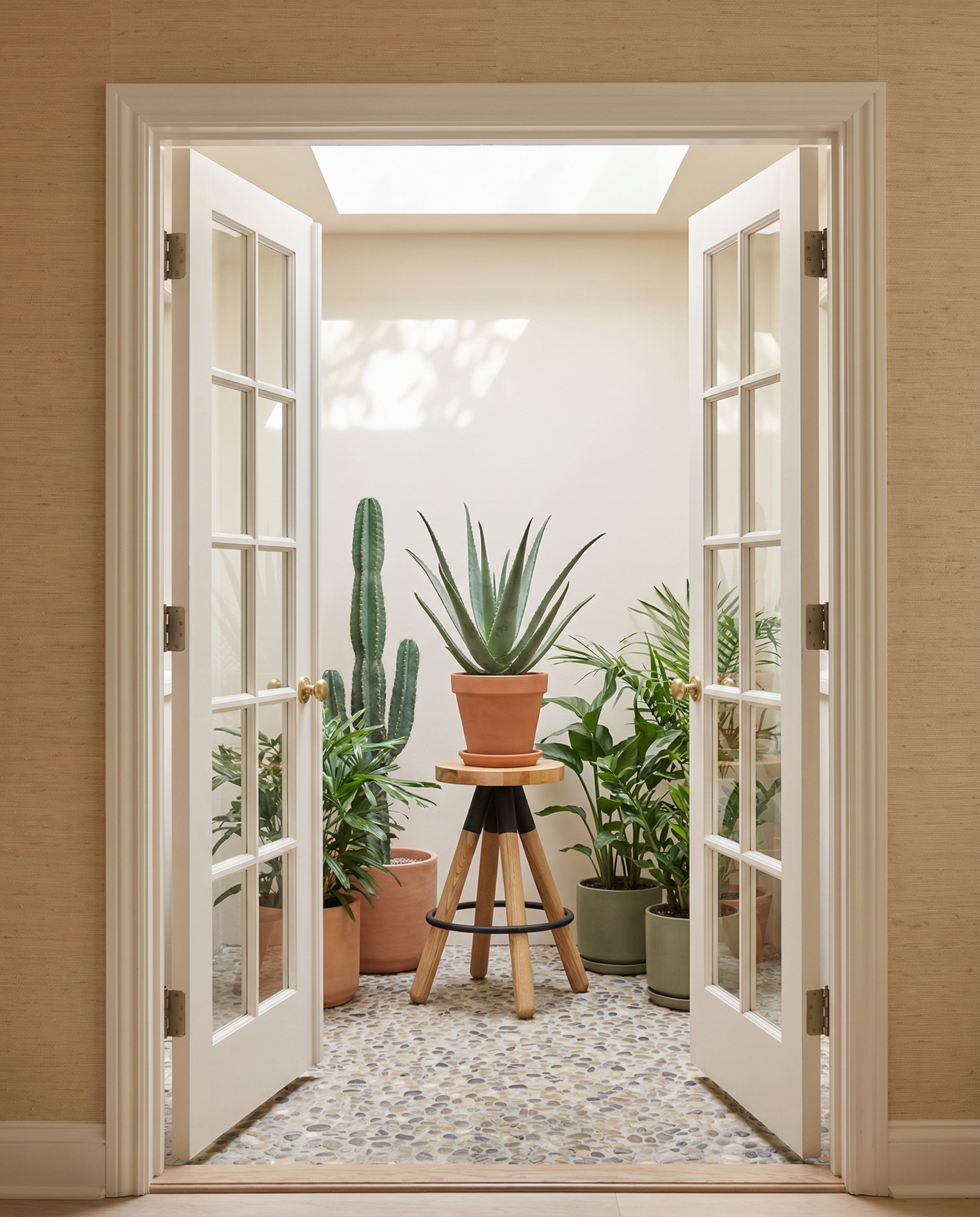 A bright room with French doors opens to potted plants—a tall cactus and aloe on a wooden stand—beside the SOBU Blix Counter Stool, all arranged on a pebble-patterned floor beneath a skylight.