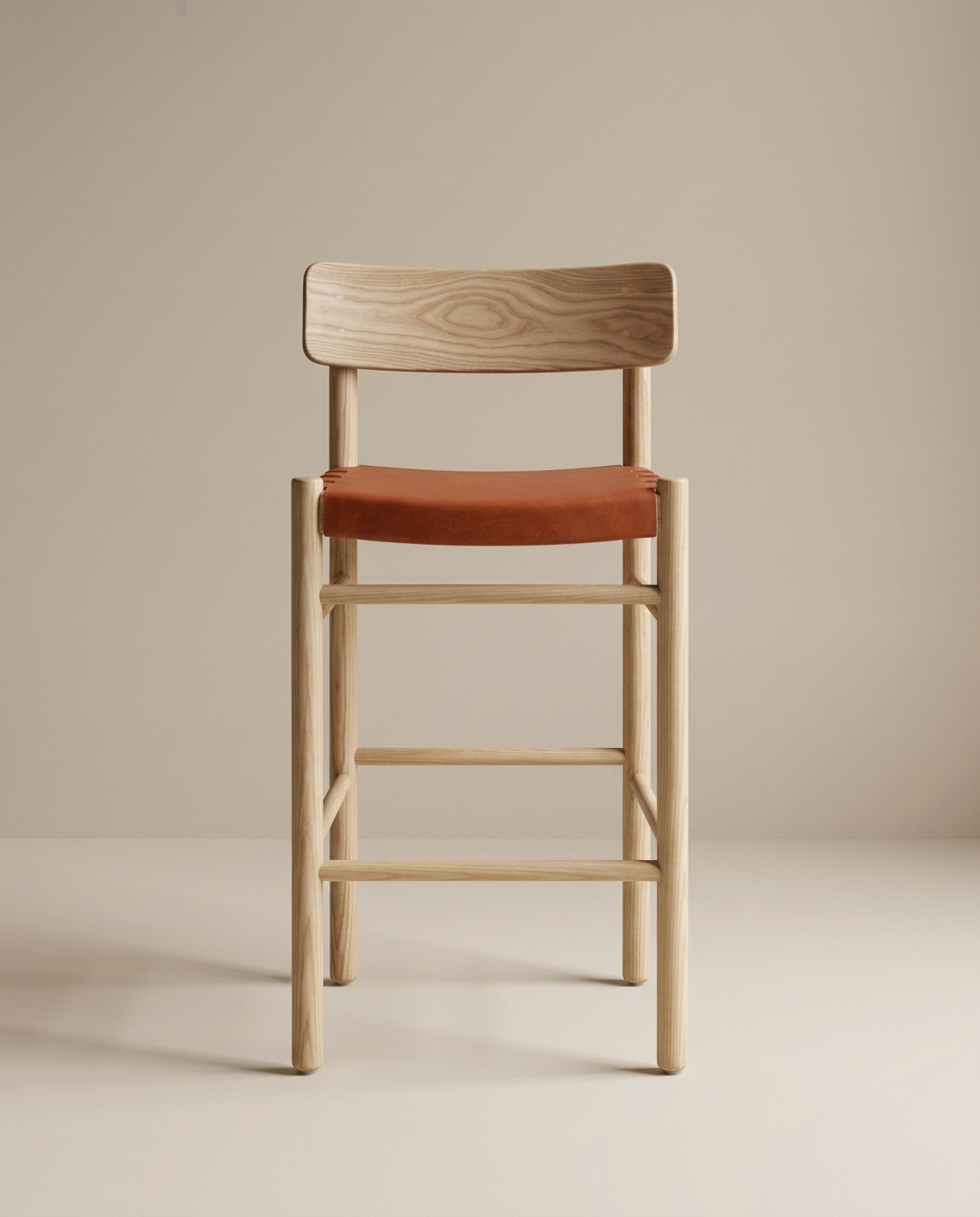 A SOBU Cesco Counter Stool, expertly crafted from solid white ash with a natural finish, features a rust-colored top grain leather seat and is positioned against a beige background.