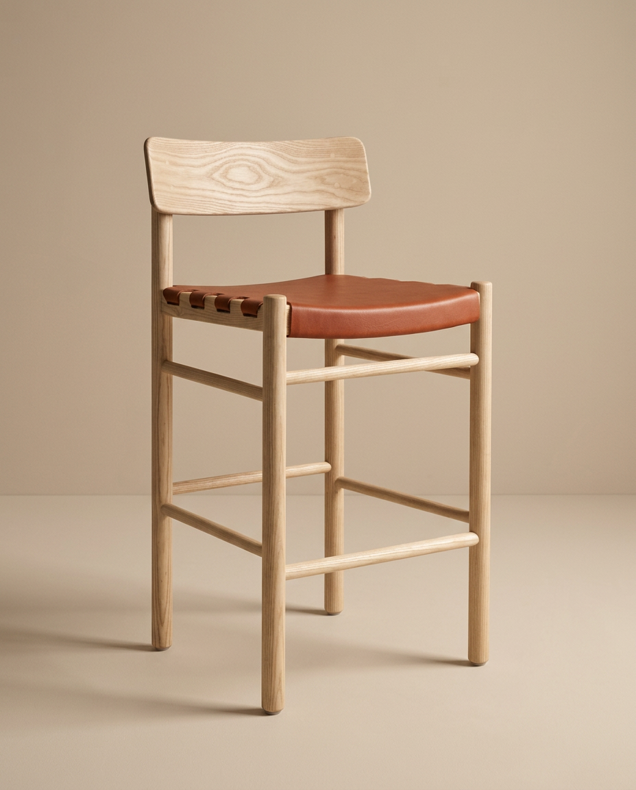 A SOBU Cesco Counter Stool in White Ash showcases a flat backrest, straight legs made from solid American ash, and a luxurious top grain leather seat, set against a beige background.