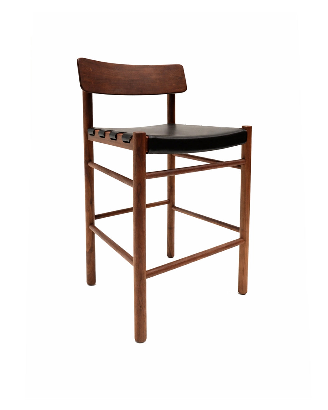 The Cesco Counter Stool - Walnut by SOBU features a curved backrest, black top grain leather seat, and straight American black walnut legs, all set against a plain white background.