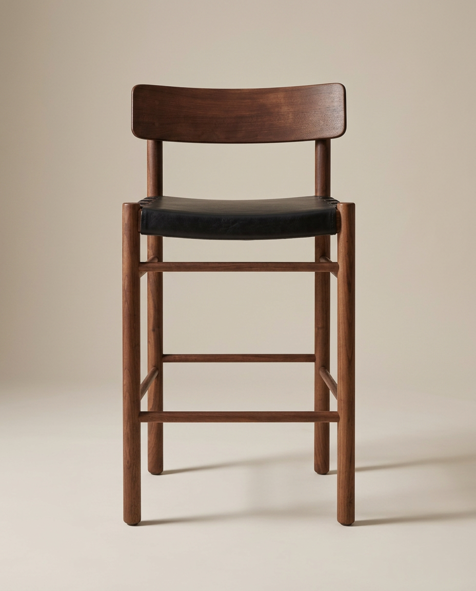 A SOBU Cesco Counter Stool - Walnut, featuring a solid American walnut frame, a rectangular backrest, and a cushioned seat upholstered in black top grain leather, set against a plain beige background.