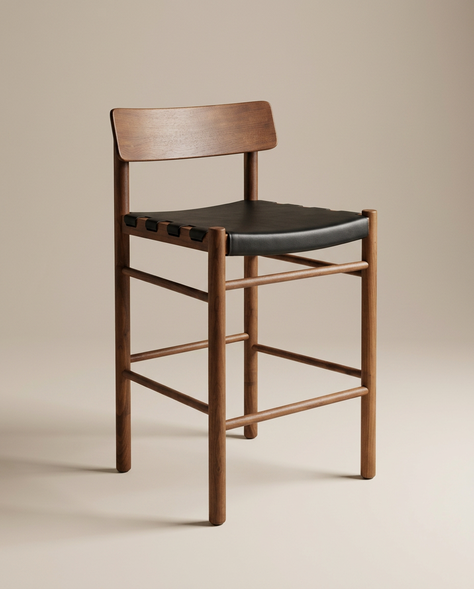 A Cesco Counter Stool by SOBU, crafted from American black walnut with a simple, clean-lined backrest and a top grain leather seat, showcases minimalist design against a neutral background.