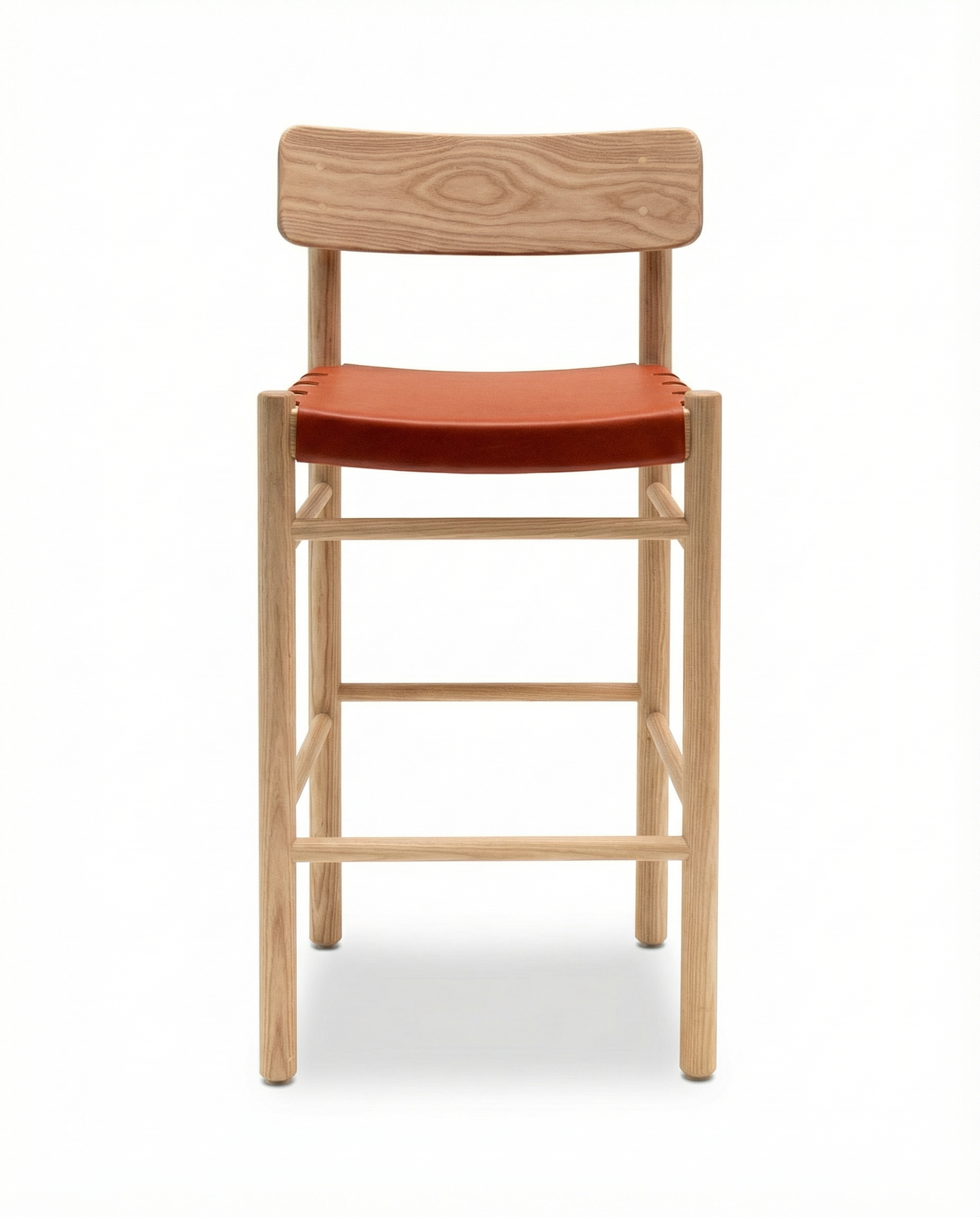 The Cesco Counter Stool by SOBU features solid white ash with a light natural finish, a rectangular backrest, and an orange top grain leather seat, shown against a plain white background.