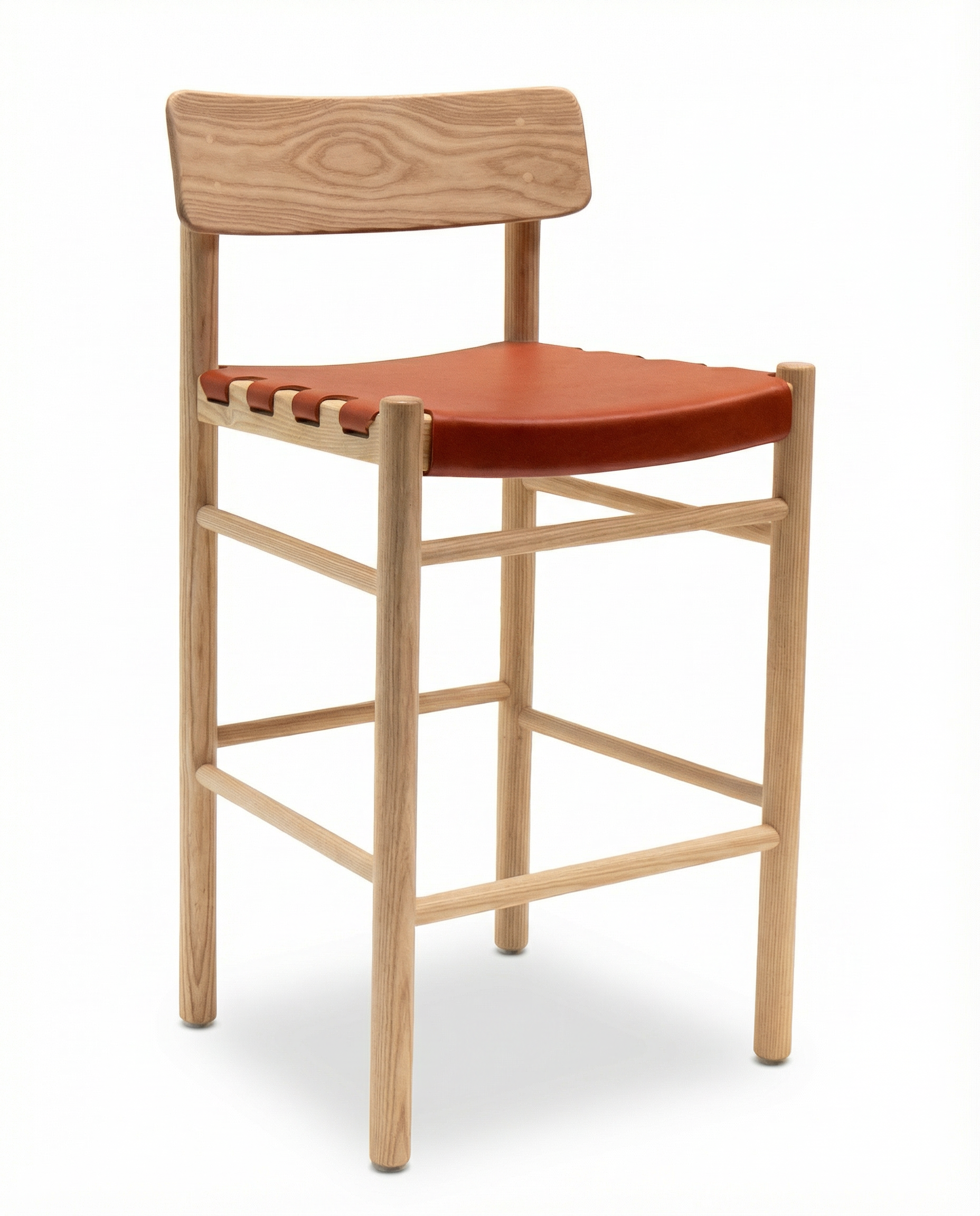 The SOBU Cesco Counter Stool features a light solid American white ash frame, a simple rectangular backrest, and a reddish-brown top grain leather seat with stitched edging.