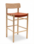 The SOBU Cesco Counter Stool features a light solid American white ash frame, a simple rectangular backrest, and a reddish-brown top grain leather seat with stitched edging.