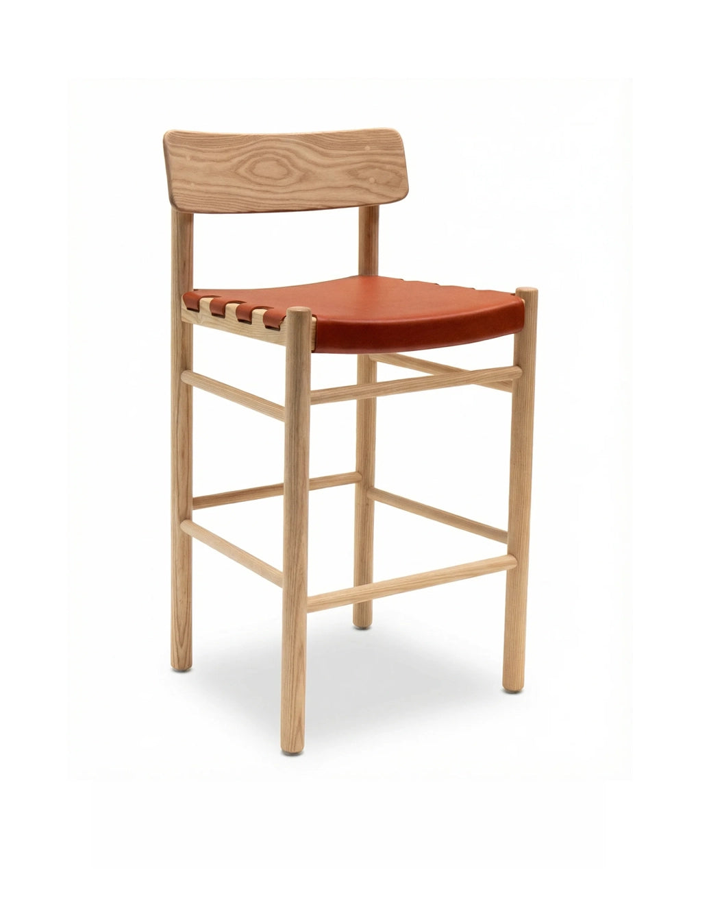 The SOBU Cesco Counter Stool features a solid white ash frame, a rectangular backrest, and a flat seat upholstered in burnt orange top grain leather, shown against a plain white background.
