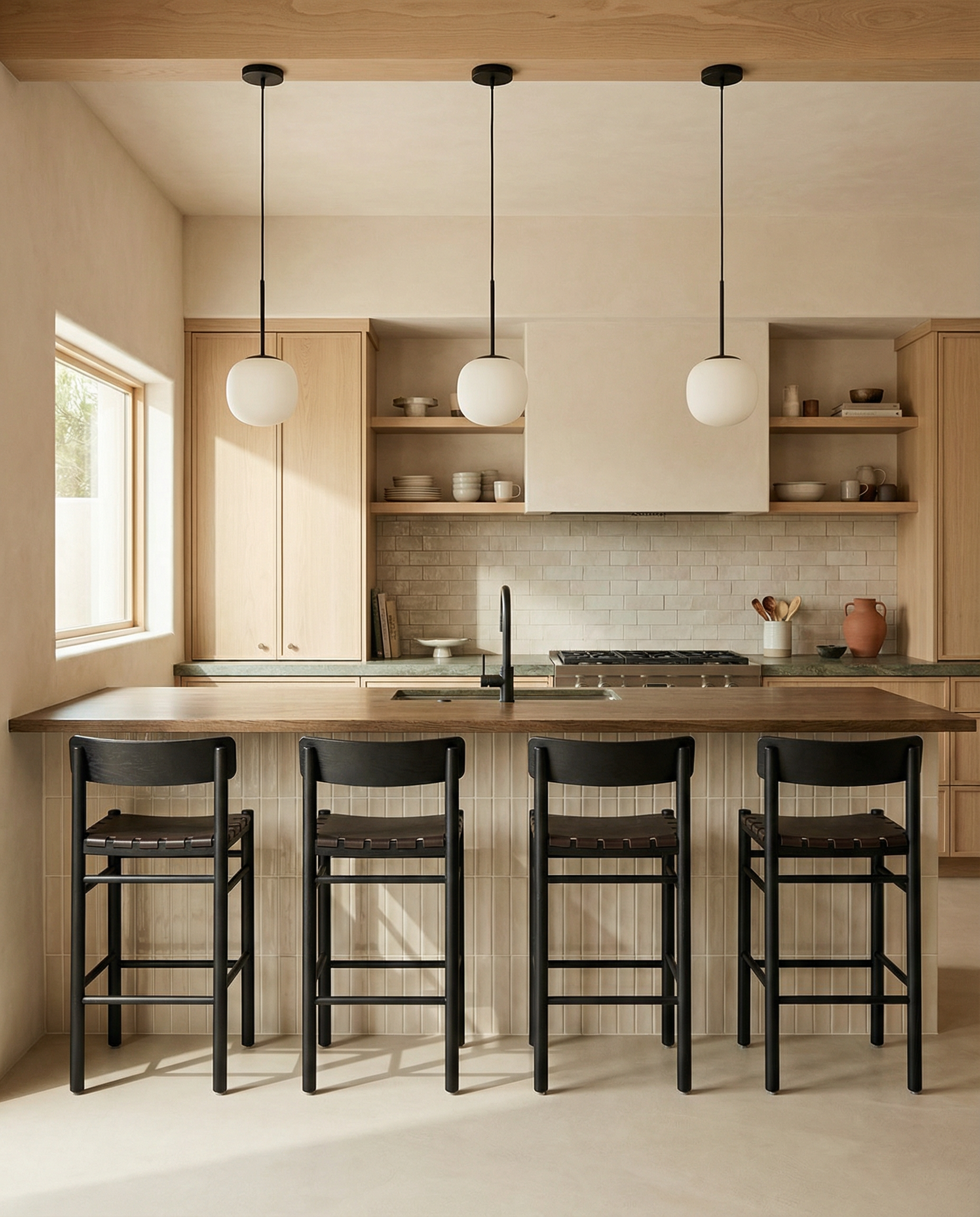 A modern kitchen with light wood cabinets, a large island with four SOBU Cesco Counter Stools in Black Ash featuring top grain leather seats, pendant lights above, open shelves filled with dishes, and a window letting in natural light.