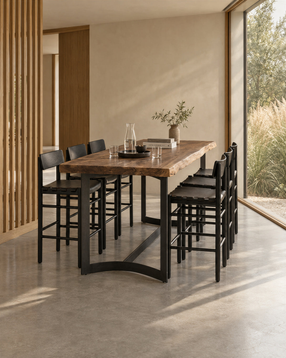 The Leviathan Live Edge Counter Table features a thick, live-edge solid acacia top and a black metal base, surrounded by six black wooden bar stools.