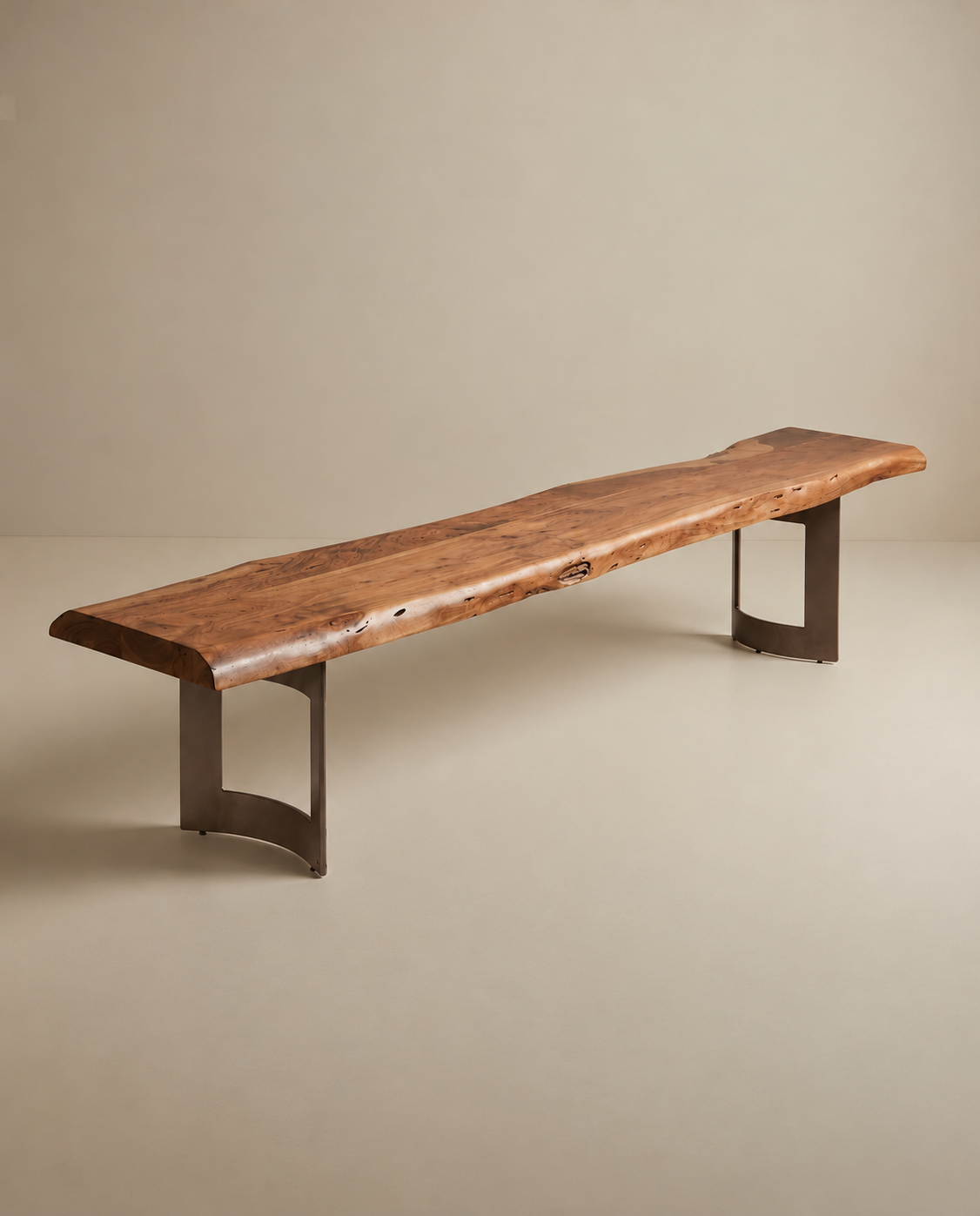 Leviathan Live Edge Bench - Curved Metal Legs made of long, solid wood with a natural live edge and two curved metal legs.