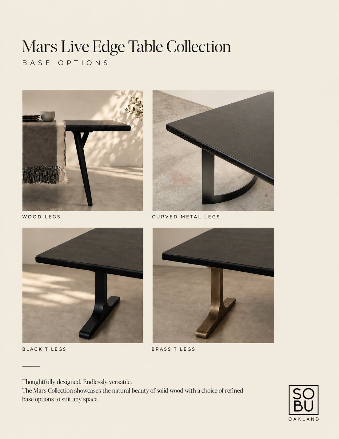 Four images of the Mars Live Edge Dining Table by SOBU in Black Ash, each displaying a unique leg style: wood legs, curved metal legs, black T legs, and brass T legs. Text highlights the Mars Live Edge Table Collection with options for a live edge dining table or custom-length wood desk crafted from solid American ash. SOBU Oakland logo appears in the corner.