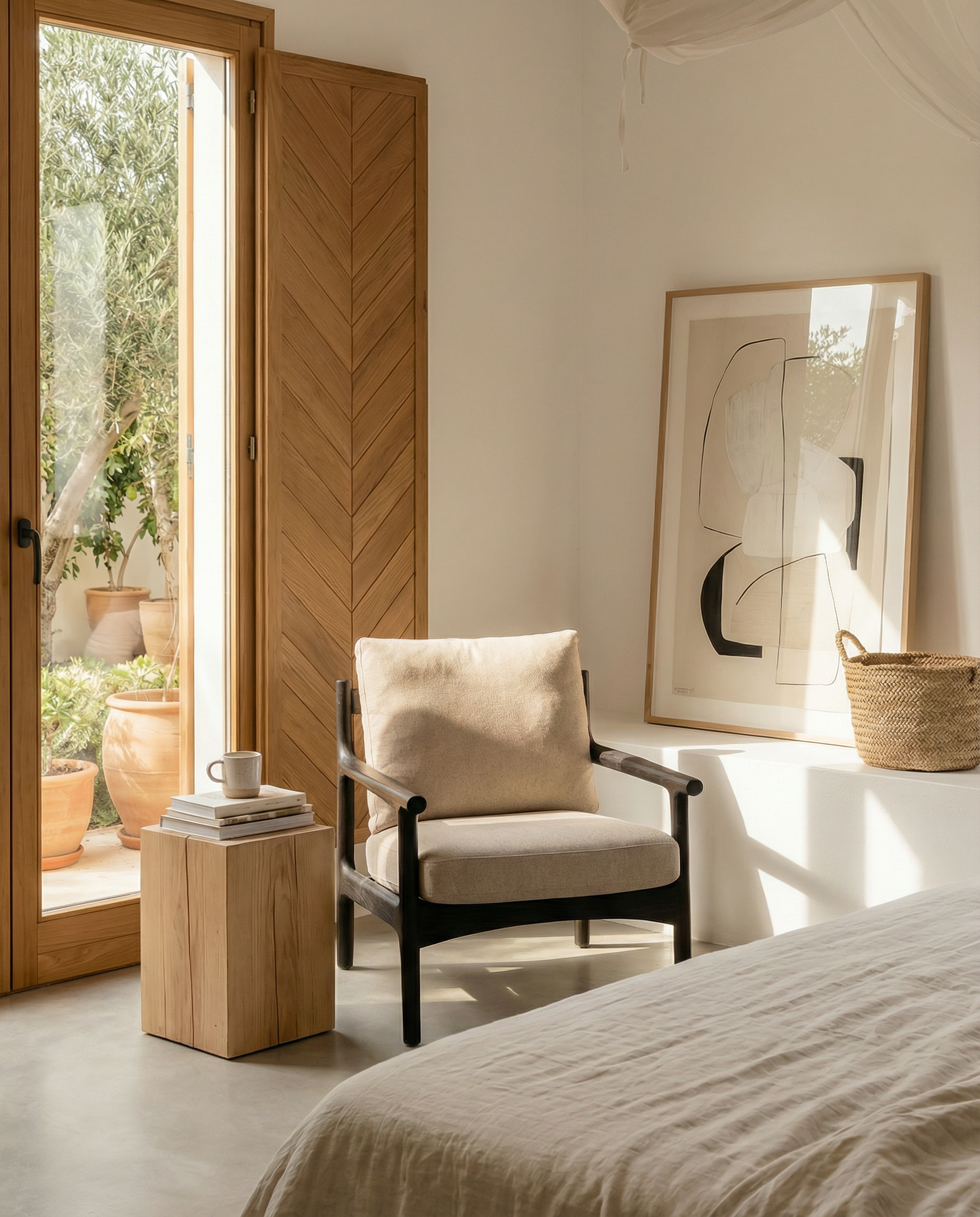 A cozy, sunlit bedroom features a cushioned chair, the SOBU Mars Terra Side Table, a woven basket, and abstract art. Large glass doors open to a patio with potted plants and a sculptural plant stand for added style.