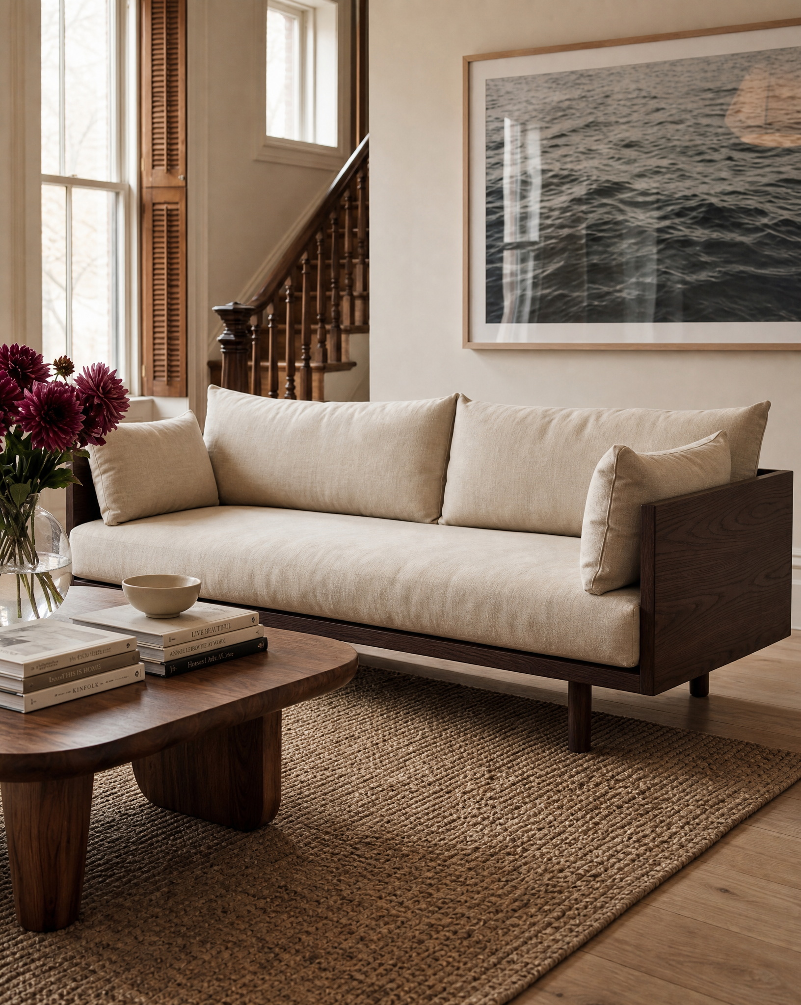 A Woody Sofa by SOBU, crafted in espresso ash and topped with natural kapok cushions, rests on a woven rug and faces a wooden coffee table adorned with books and a bowl. A vase of flowers and a large framed ocean photograph complete the cozy, sunlit living room—an embodiment of sustainable luxury furniture.