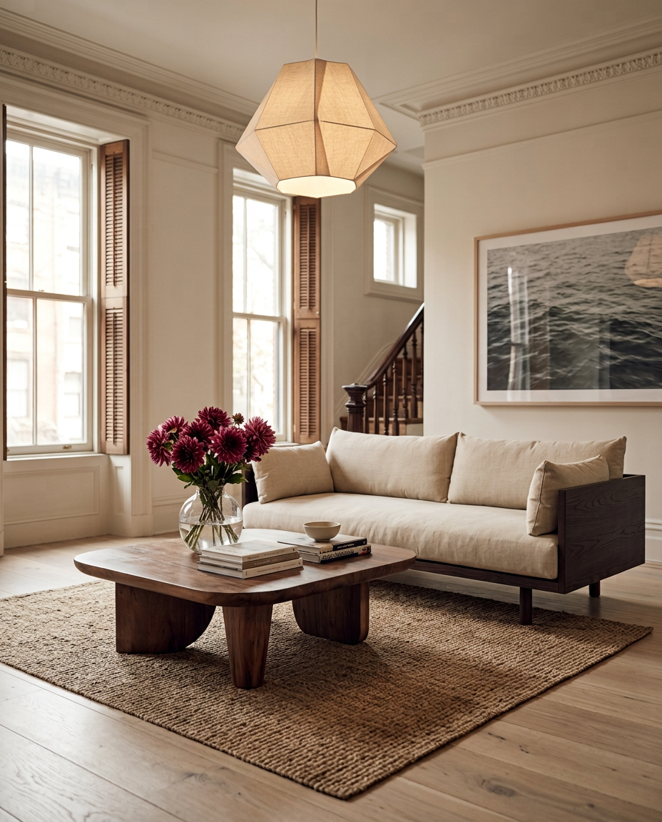 A modern living room featuring the SOBU Woody Sofa in Espresso Ash with Natural Kapok Cushions, a wooden coffee table, a vase of pink flowers, large windows with shutters, a woven rug, and a framed ocean photo on the wall beneath a geometric pendant light.