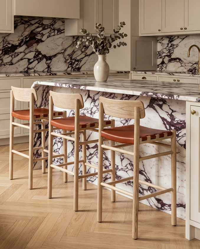 Modern kitchen with a marble island, three SOBU Cesco Counter Stools in White Ash featuring top grain leather seats and solid American ash frames, light herringbone wood floor, and a vase with branches as decor. Marble backsplash and gold fixtures are visible.
