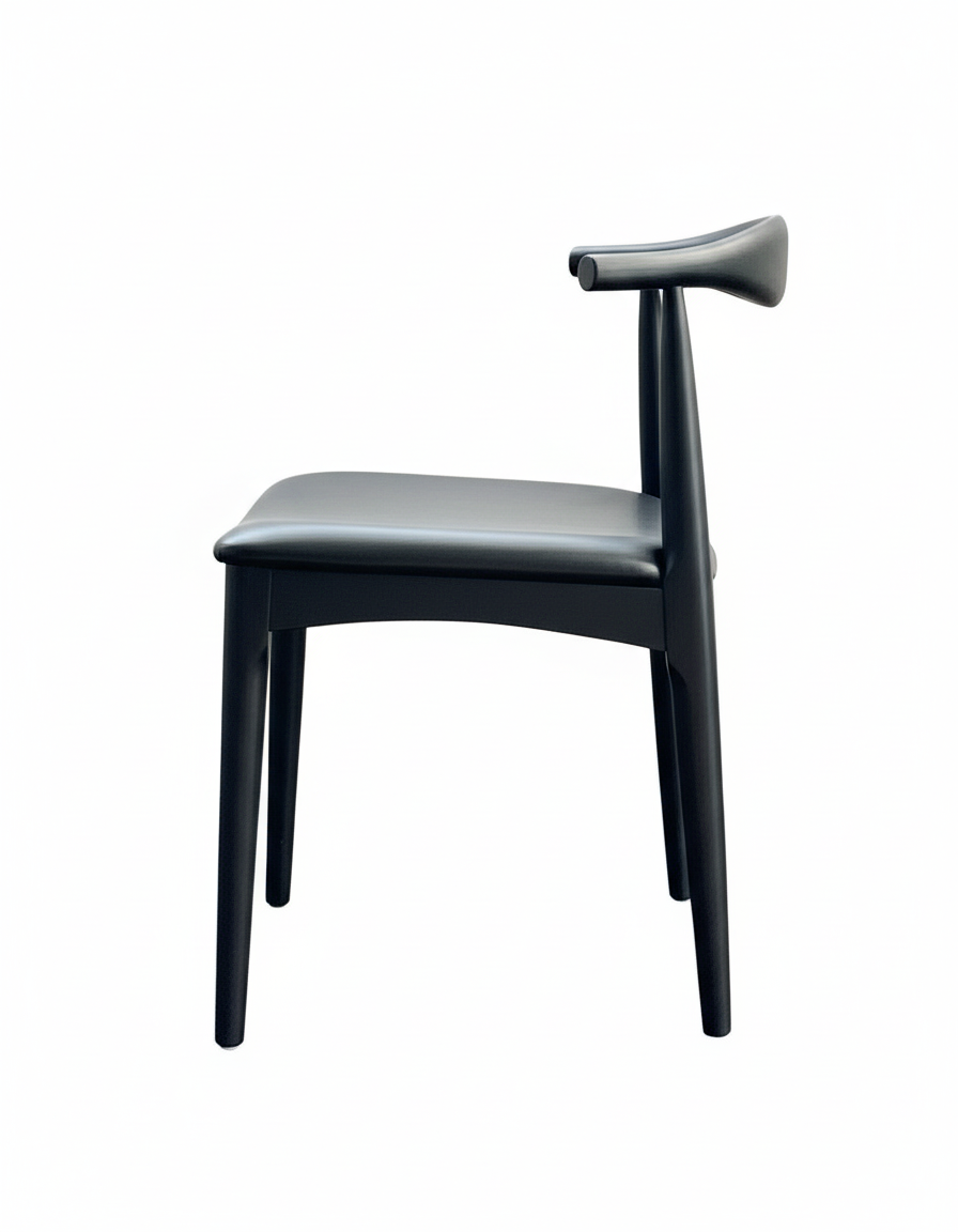 The SOBU Copenhagen Dining Chair in Black Ash features a minimalist design with a curved backrest and four straight legs, crafted from solid wood, shown against a plain white background.