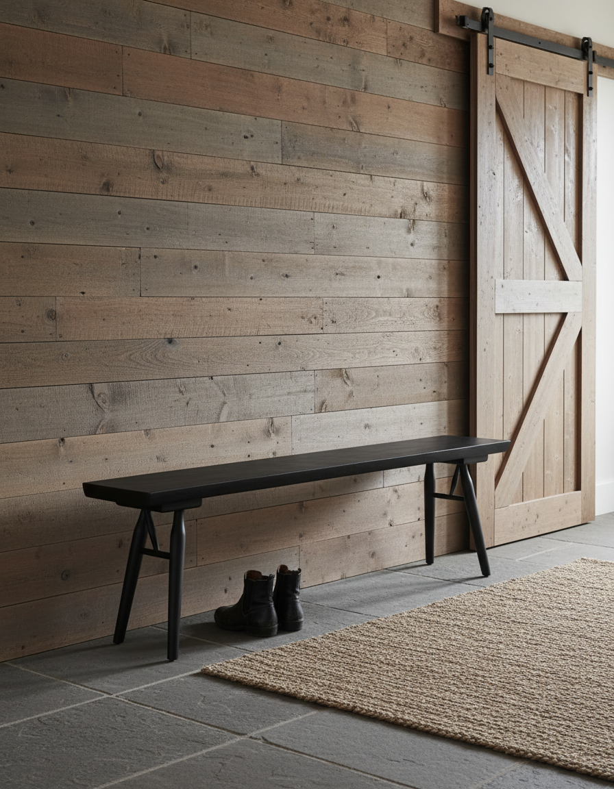 A minimalist room with a wooden plank wall, sliding barn door, SOBU’s Mars Live Edge Bench in Black Ash, black boots on the floor, and a woven rug atop gray stone tiles.