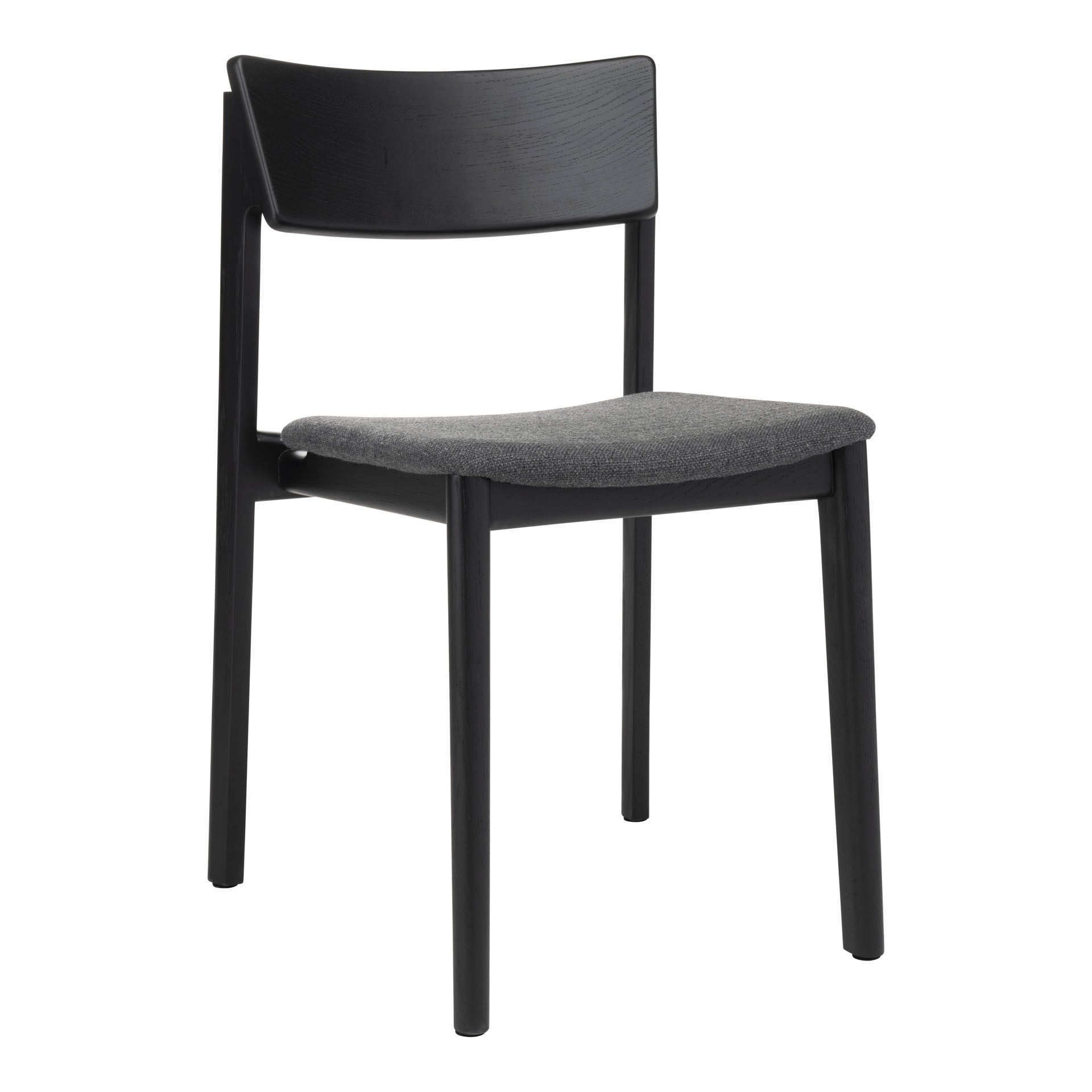 The Wooden Stories Poise Dining Chair in Black Oak features elegant Danish lines, a curved backrest, and a cushioned gray fabric seat, shown against a white background.