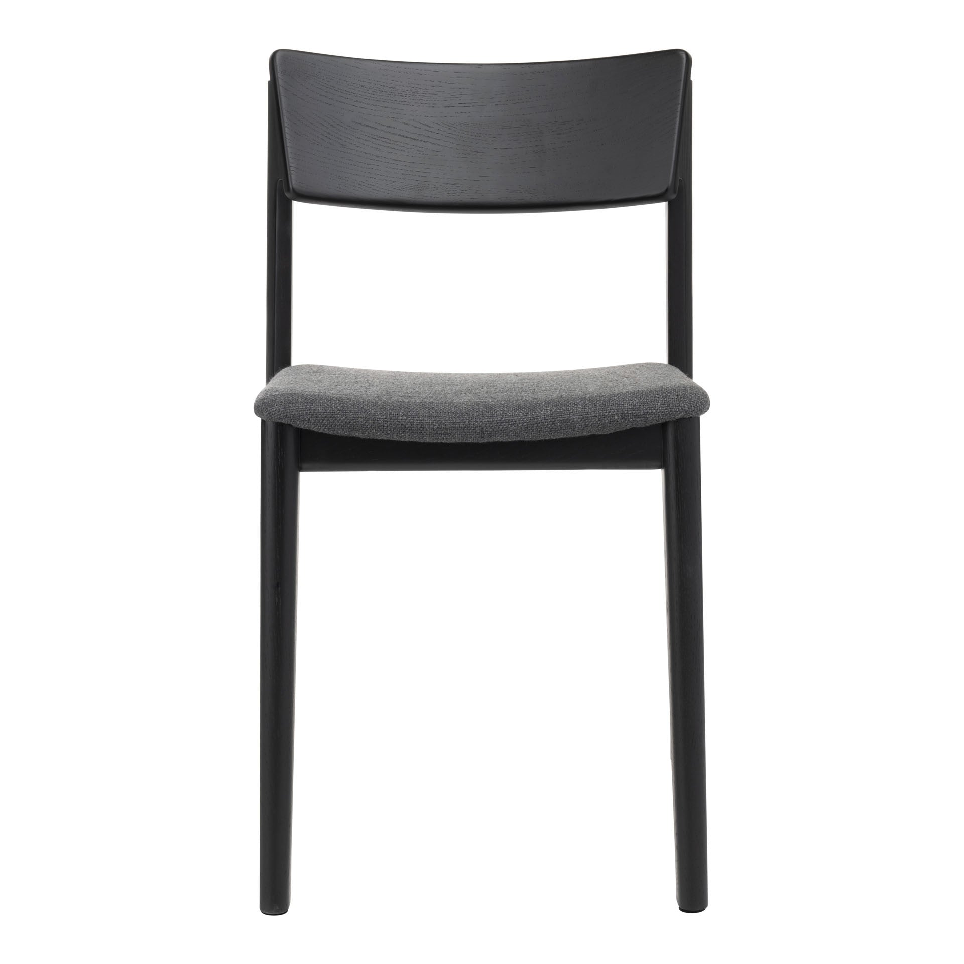 Front view of the Poise Dining Chair by Wooden Stories, featuring Danish lines with a black oak frame and padded gray fabric seat. The chair offers a straight backrest and four legs for support.