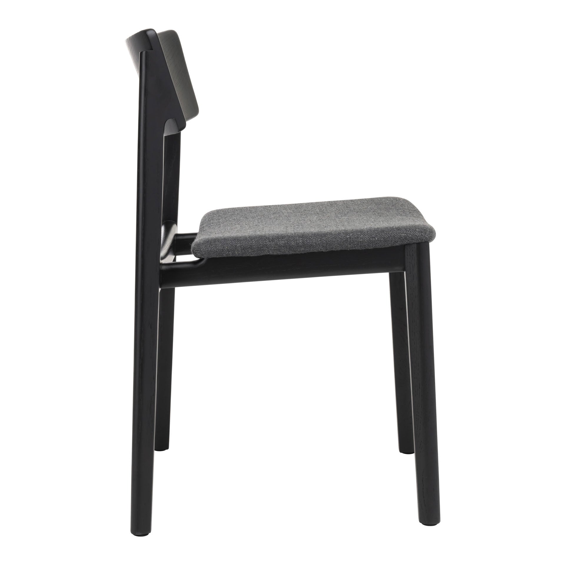 The Poise Dining Chair by Wooden Stories features Danish-inspired lines, a black oak frame, and a gray fabric seat, shown in profile against a white background.