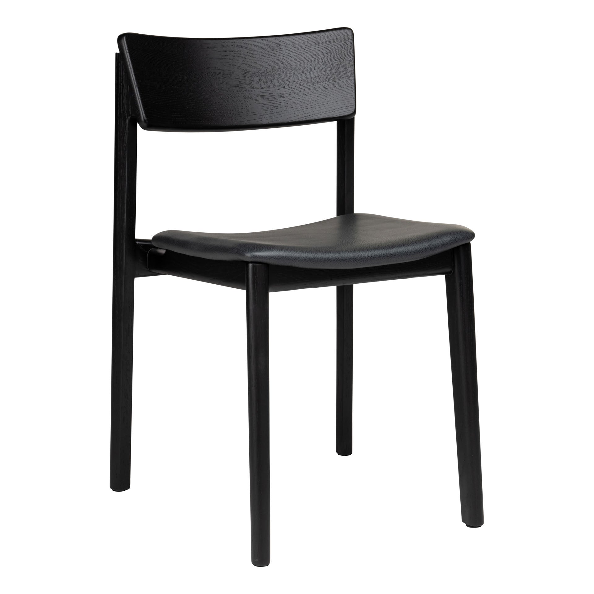 The Poise Dining Chair by Wooden Stories features a modern black oak frame with sleek Danish lines, a slightly curved back and seat, premium leather upholstery, and four straight legs.
