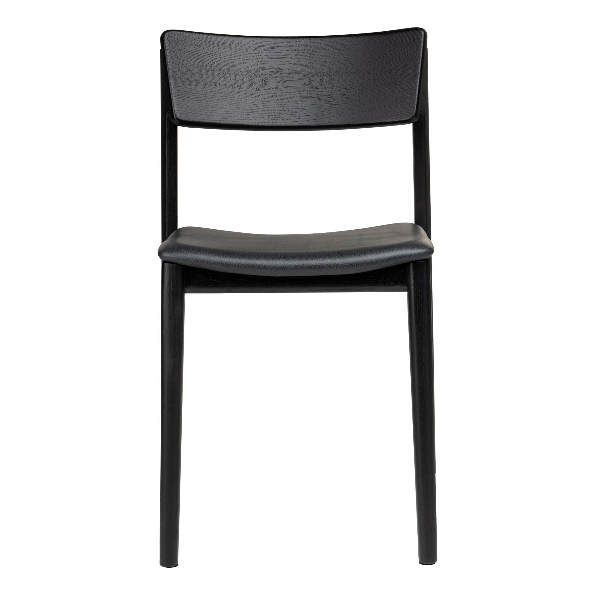 The Poise Dining Chair in Black Oak with Leather by Wooden Stories, featuring elegant Danish lines and a contoured seat, is shown from the front against a white background.