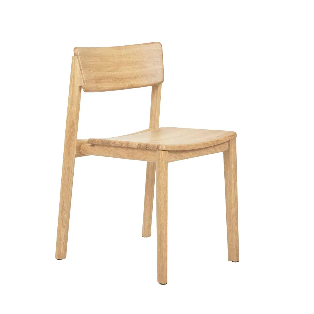 The Poise Dining Chair | Light Oak by Wooden Stories offers a simple, modern design with a gently curved backrest and seat, straight legs, and a natural finish. This contract-grade chair blends style and durability for any dining space.