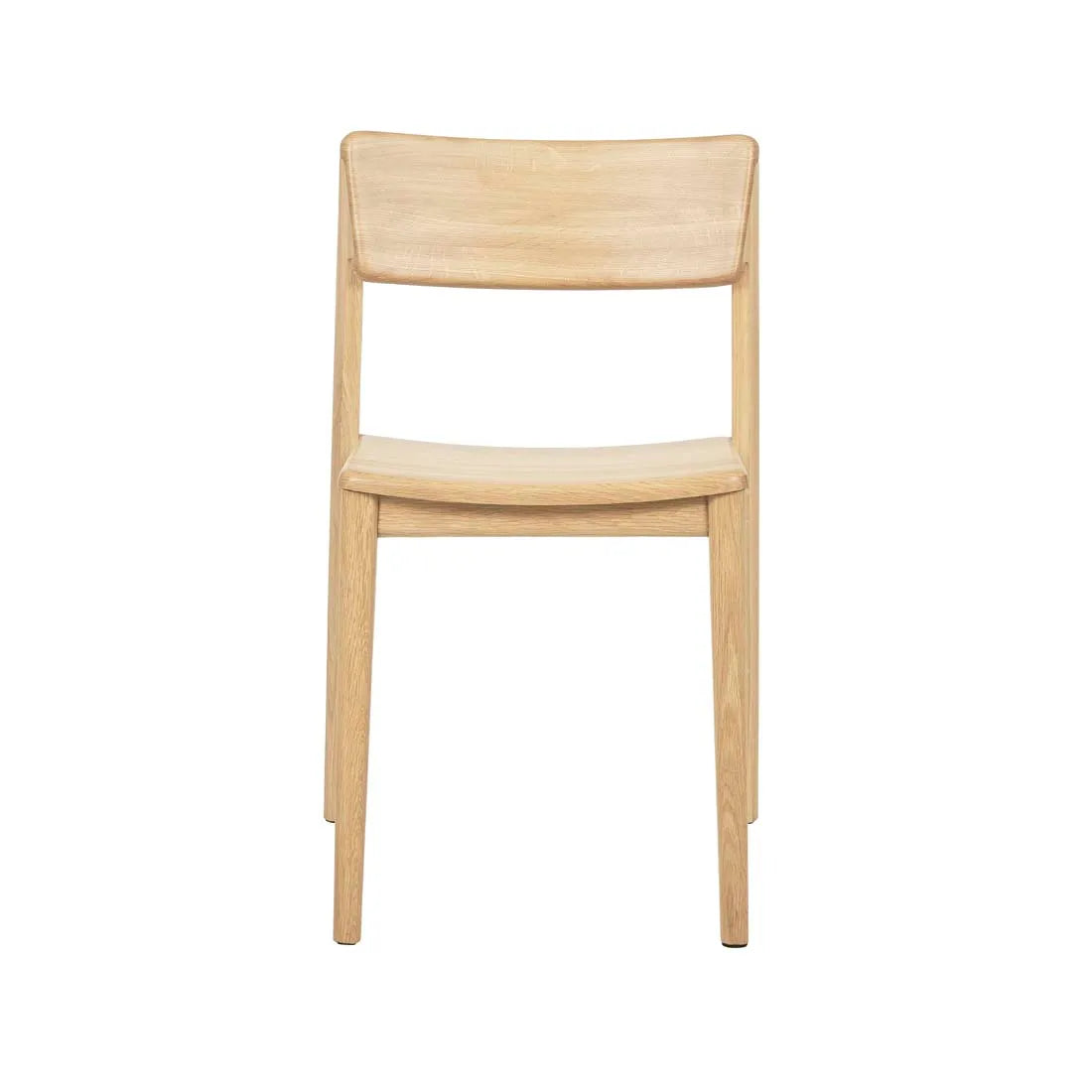 The Wooden Stories Poise Dining Chair in light oak features a straight backrest and four legs, shown from the front against a plain white background.