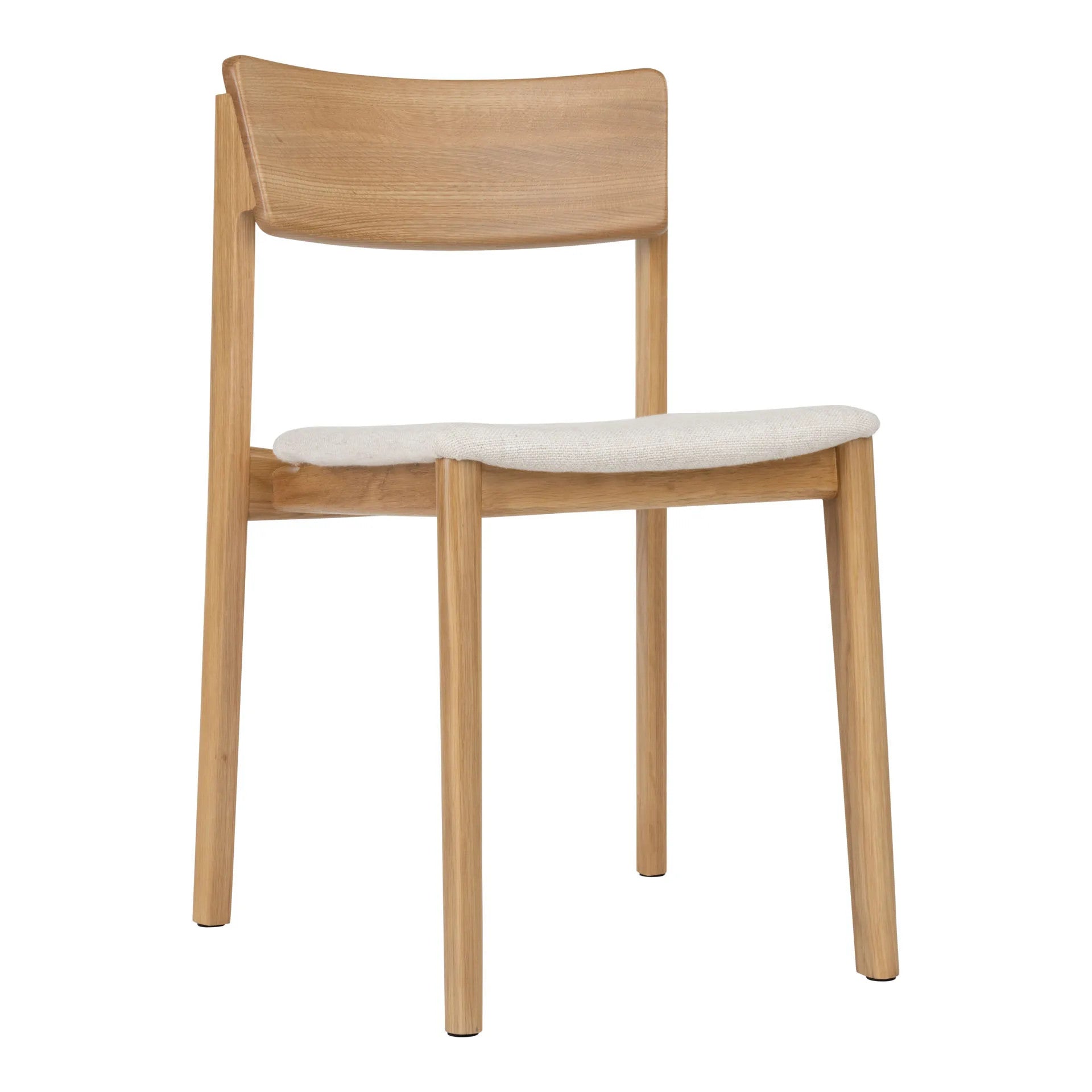 The Poise Dining Chair by Wooden Stories features light oak legs and frame, Danish-inspired lines, a curved backrest, and a padded light beige fabric seat for a simple, modern look.