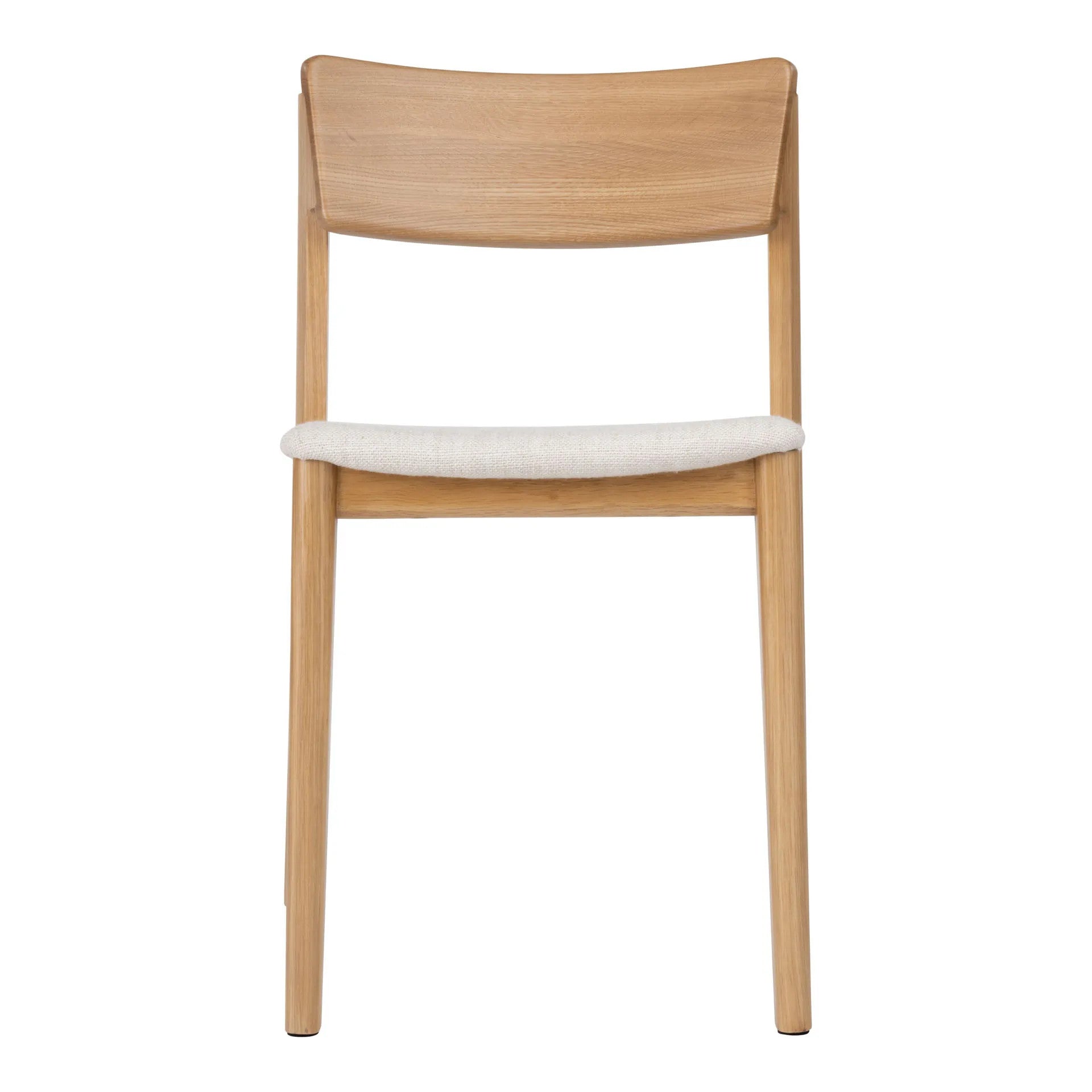 The Wooden Stories Poise Dining Chair in Light Oak with Fabric features Danish-inspired lines, a curved backrest, straight legs, and a light beige cushioned seat, displayed front-on against a white background.
