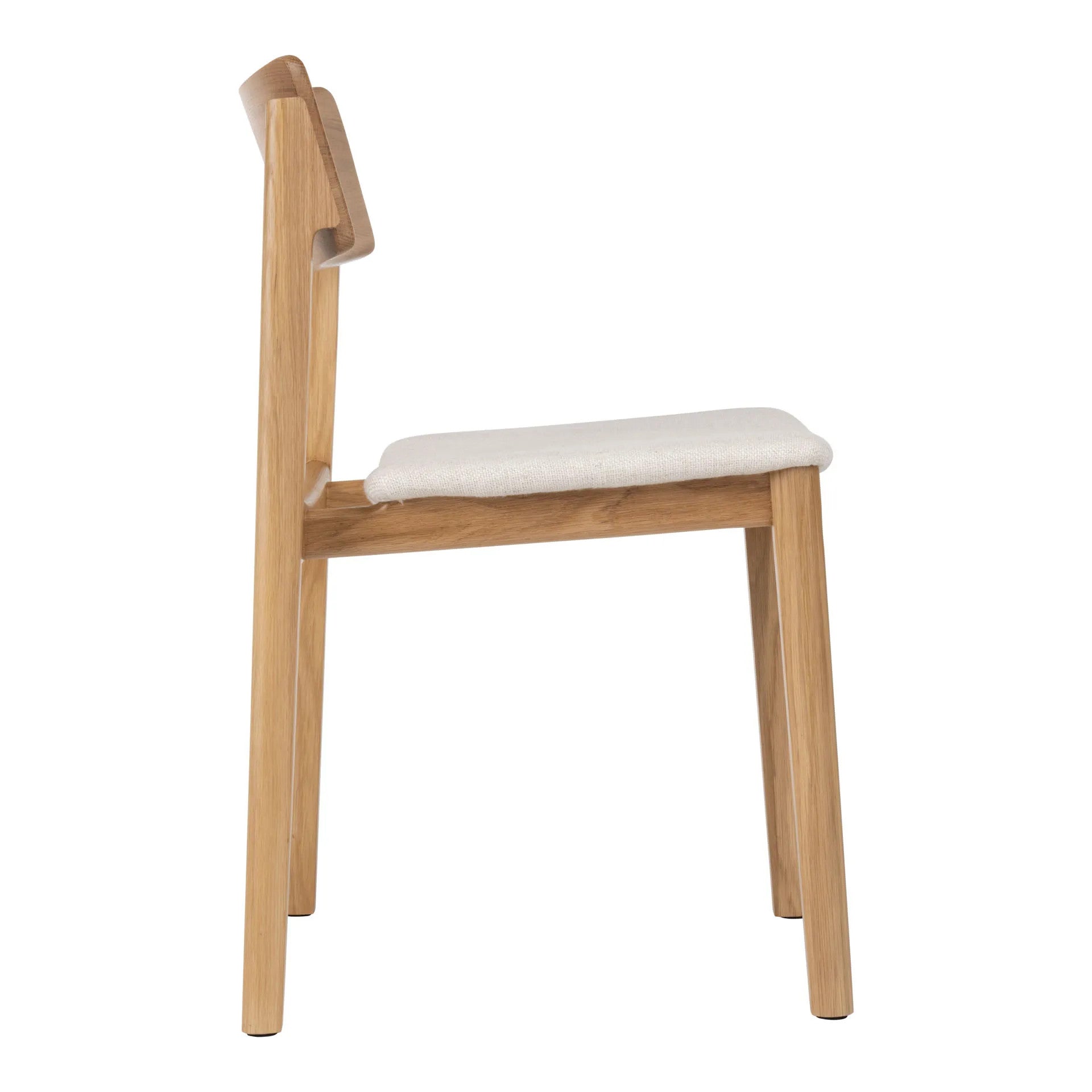 Side view of the Poise Dining Chair by Wooden Stories in light oak with fabric—modern Danish-inspired lines, straight legs, a rectangular backrest, and a padded white seat. Simple and minimalist design.