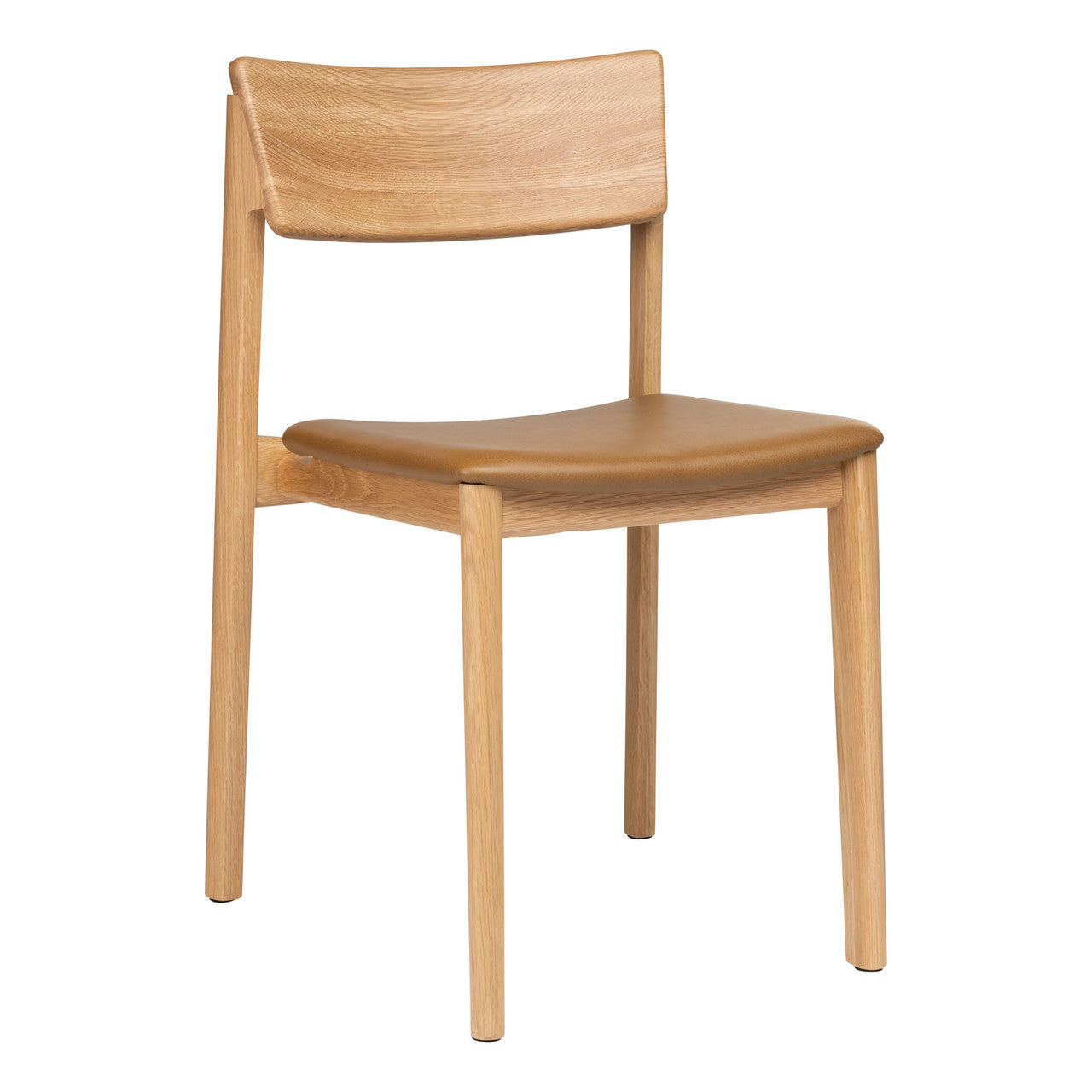 The Poise Dining Chair by Wooden Stories features a minimalist Danish design with a light oak frame, curved backrest, and flat leather seat for a modern touch.